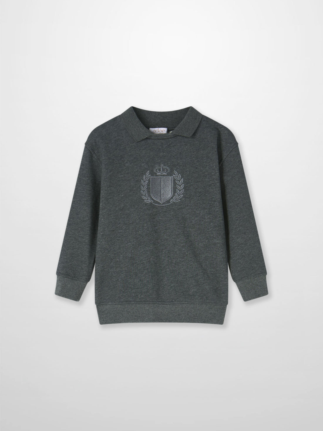 Windsor Sweatshirt by Adee; dark gray heather knit, unisex top with embroidered crest emblem.