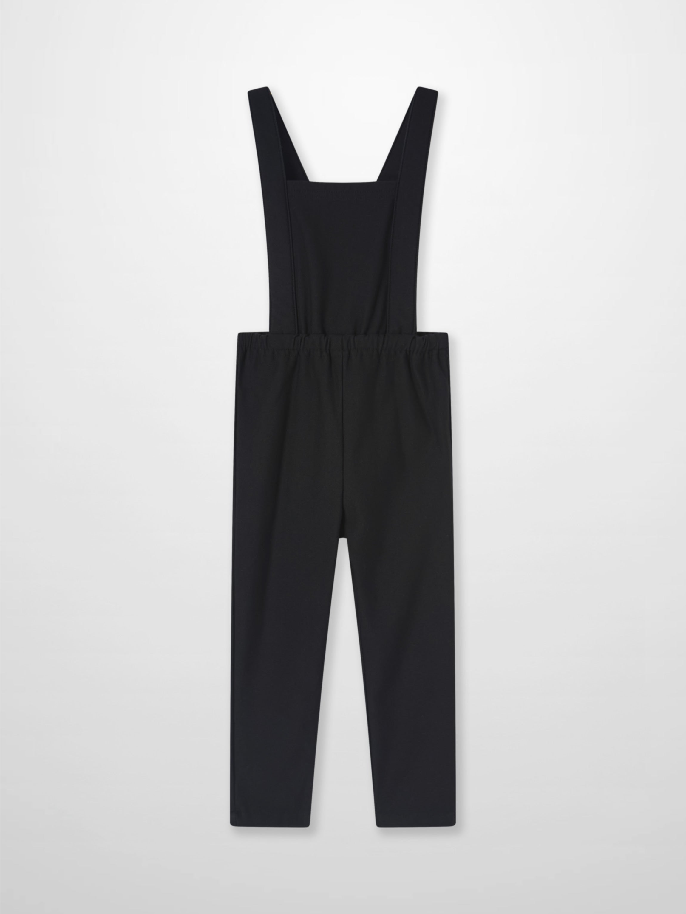 Adee black denim overalls with wide shoulder straps and bib, unisex.