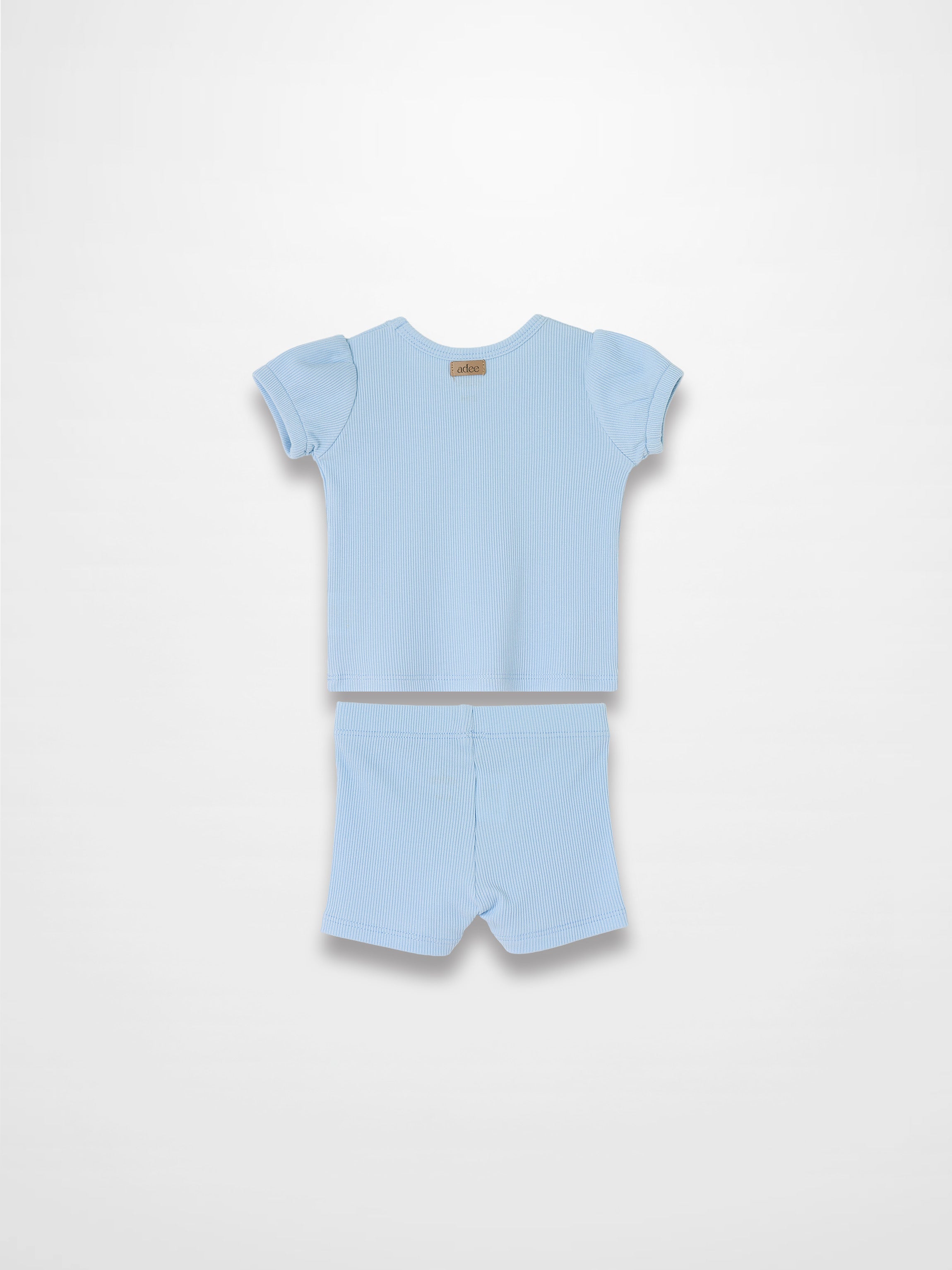 Ribbed Short Puff Sleeve T-shirt & Shorts Set - Light Blue