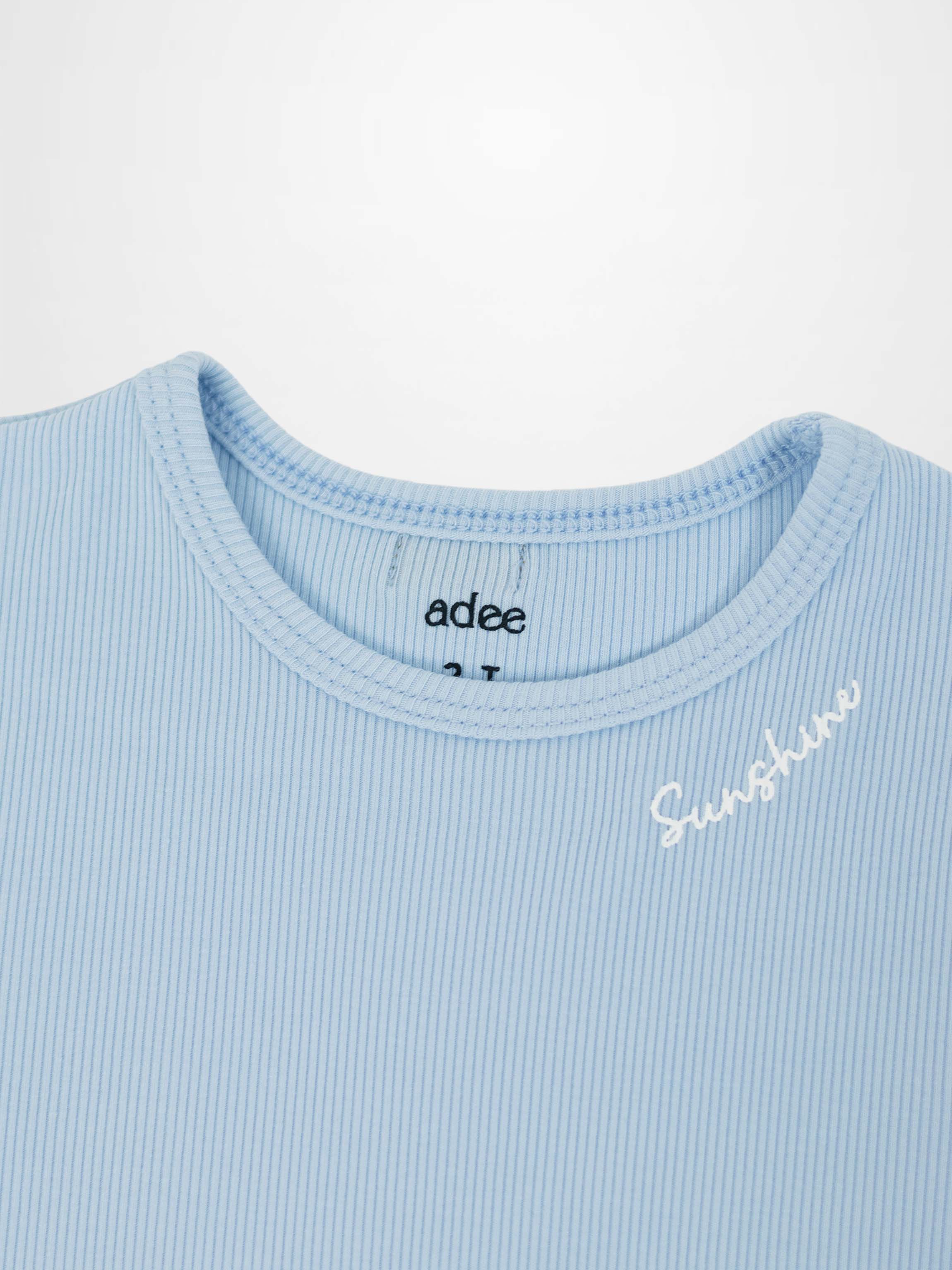 Ribbed Short Puff Sleeve T-shirt & Shorts Set - Light Blue