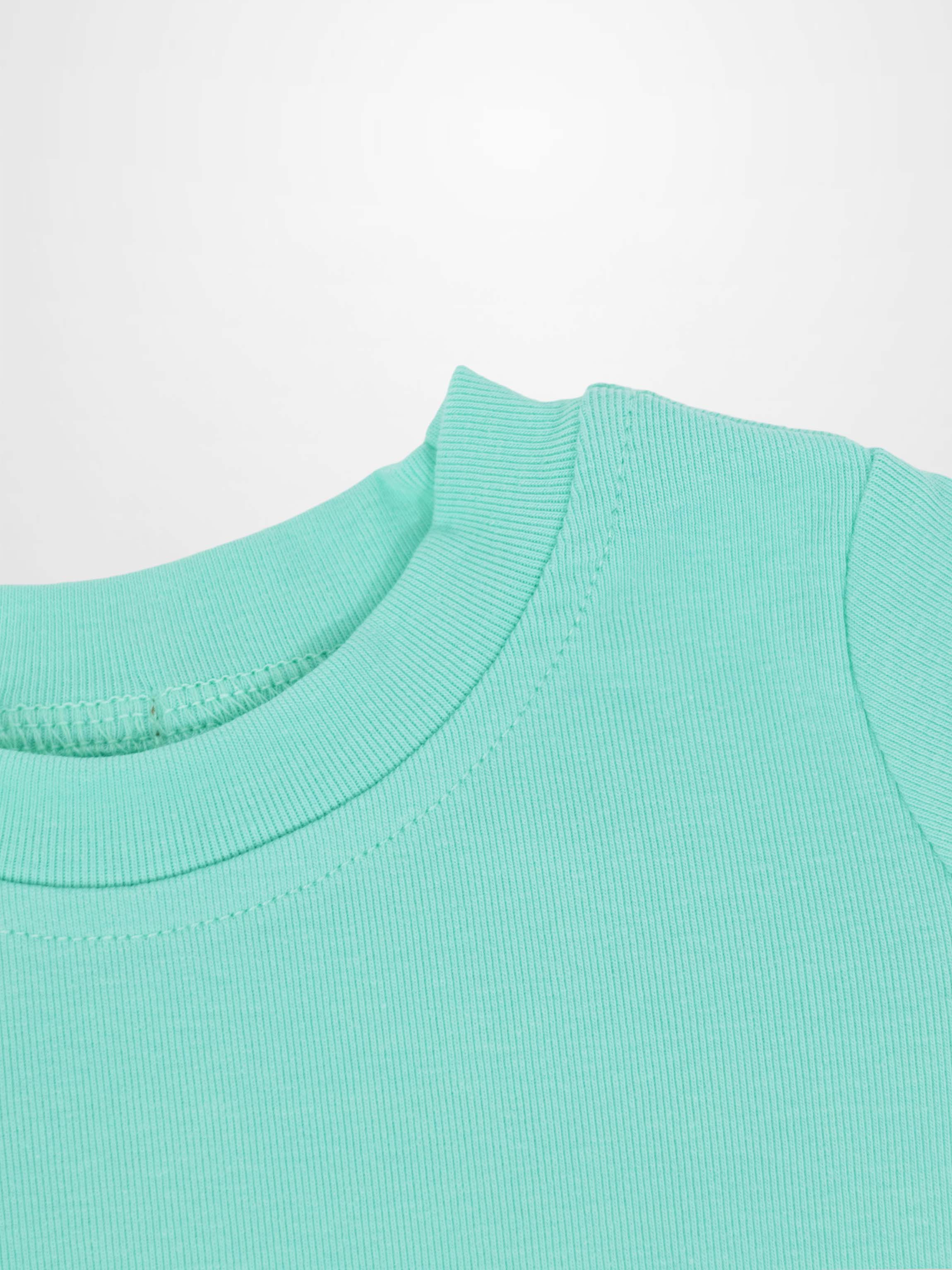 Mint green short sleeve boxy T-shirt neckline close-up.