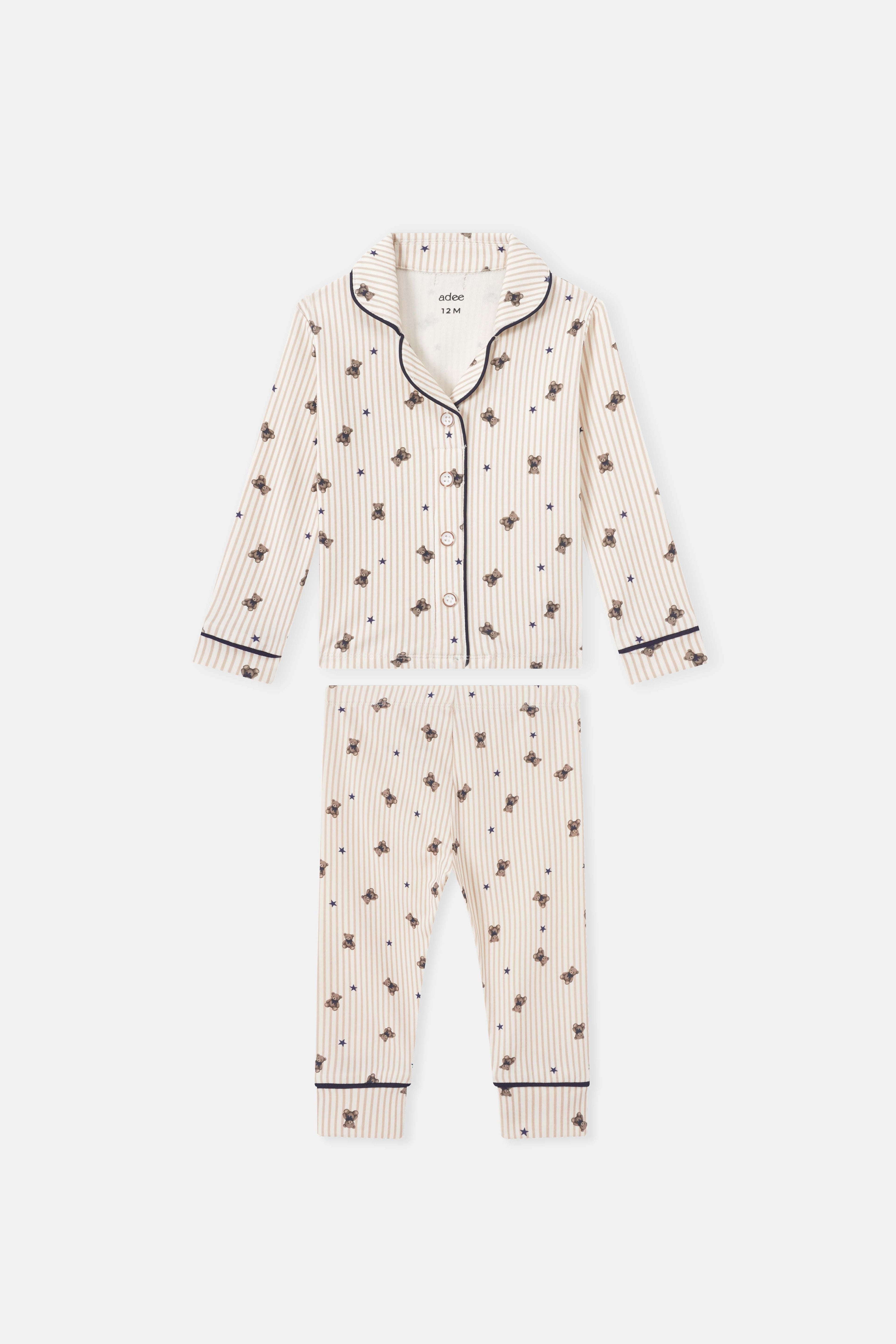 Adee Striped Bear Pajamas for boys; cream beige with navy piping and bear print set (top + bottoms).