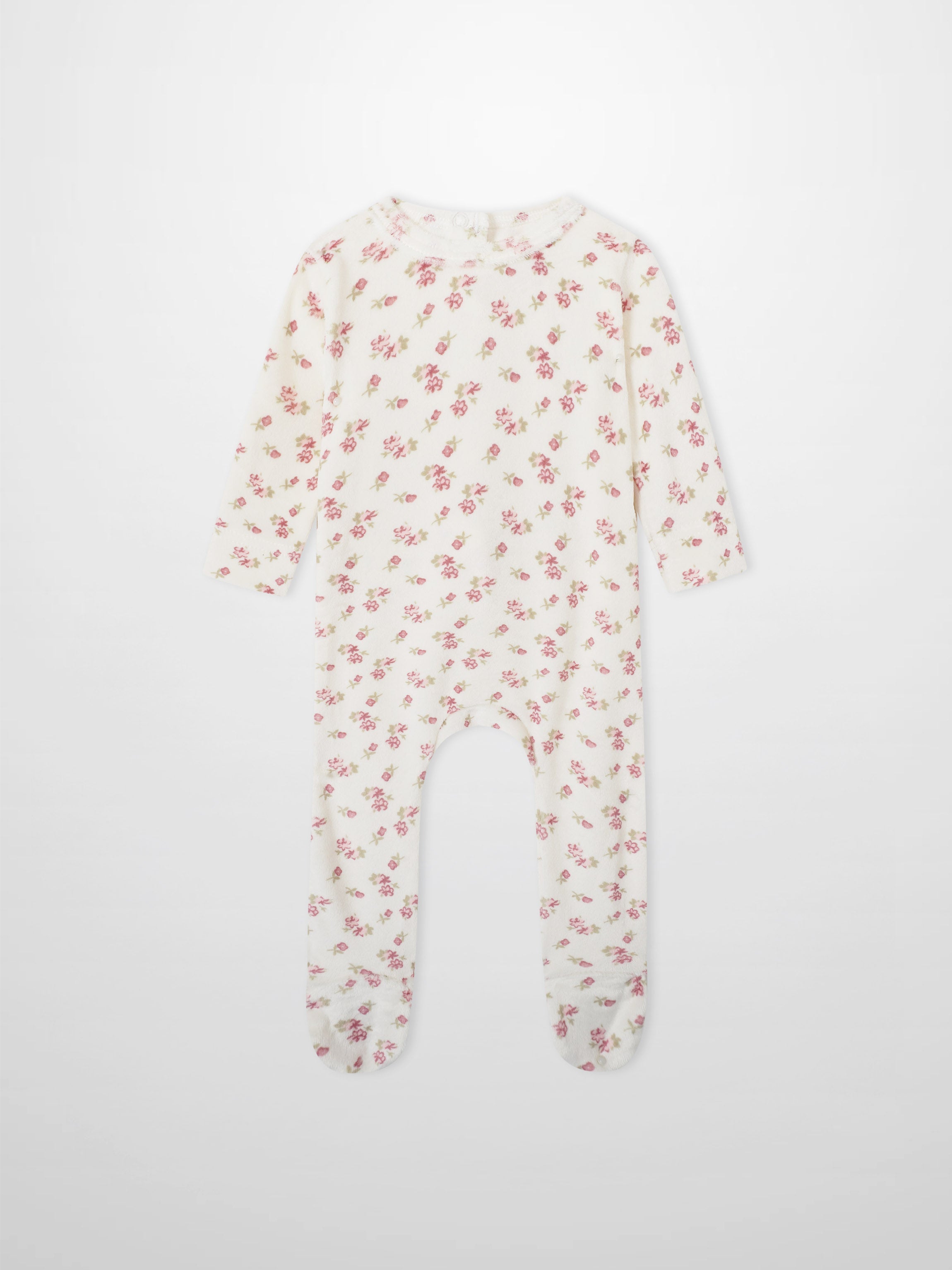 Tiny Blossom layette set sleeper, cream fabric with pink floral print, long-sleeve and footed.
