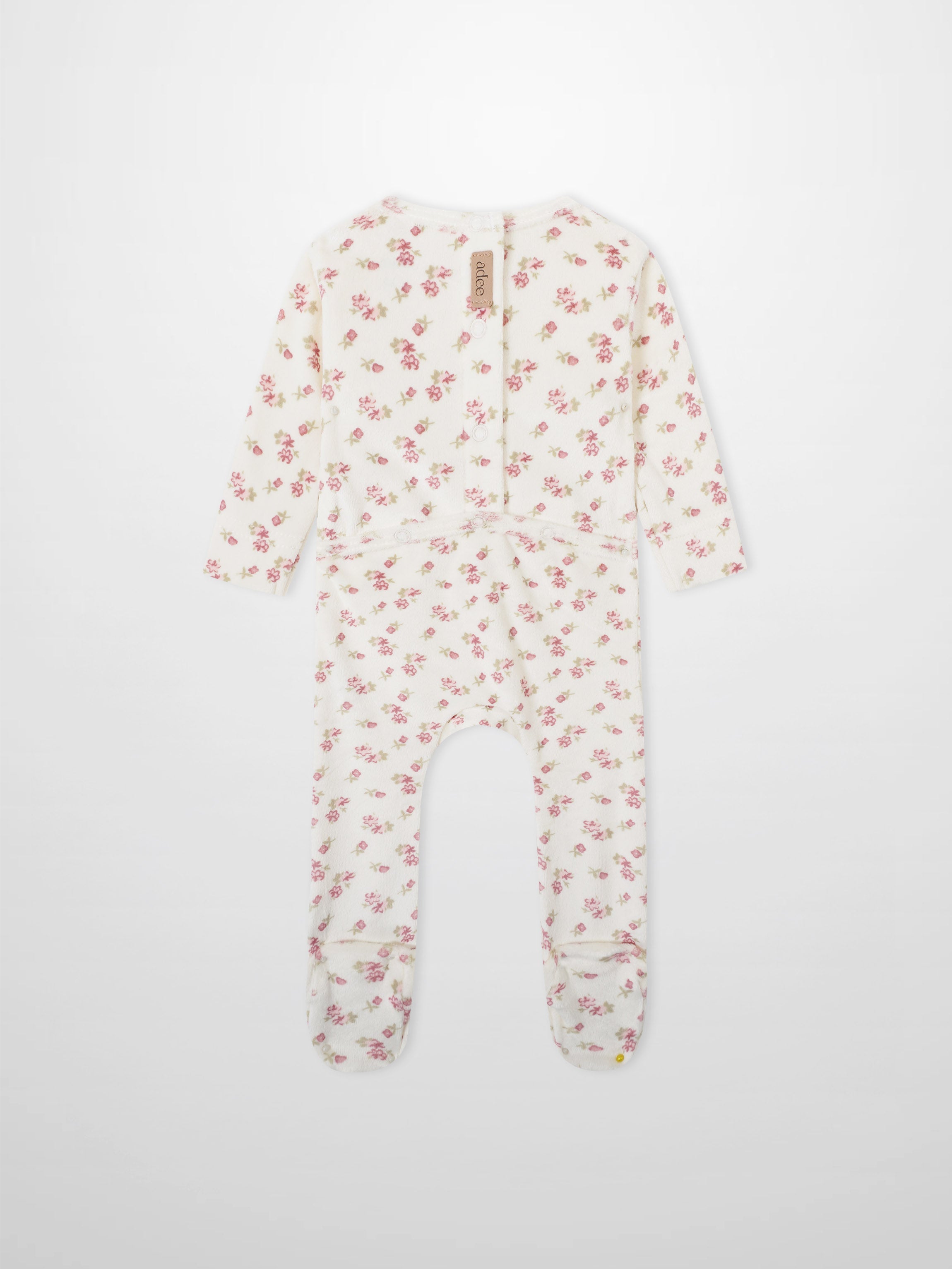 Tiny Blossom Layette Set by Adee; cream footed romper with pink floral print