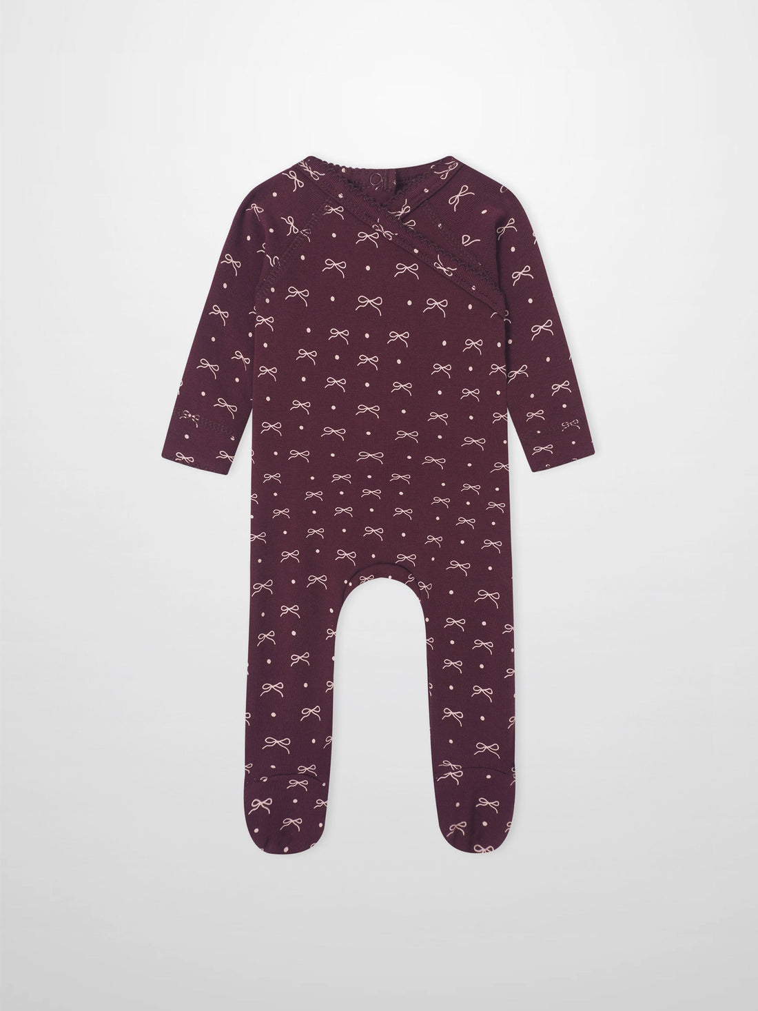 Burgundy Bow Stretchy girls romper by Adee, with allover light-pink bows and dots; footed design.