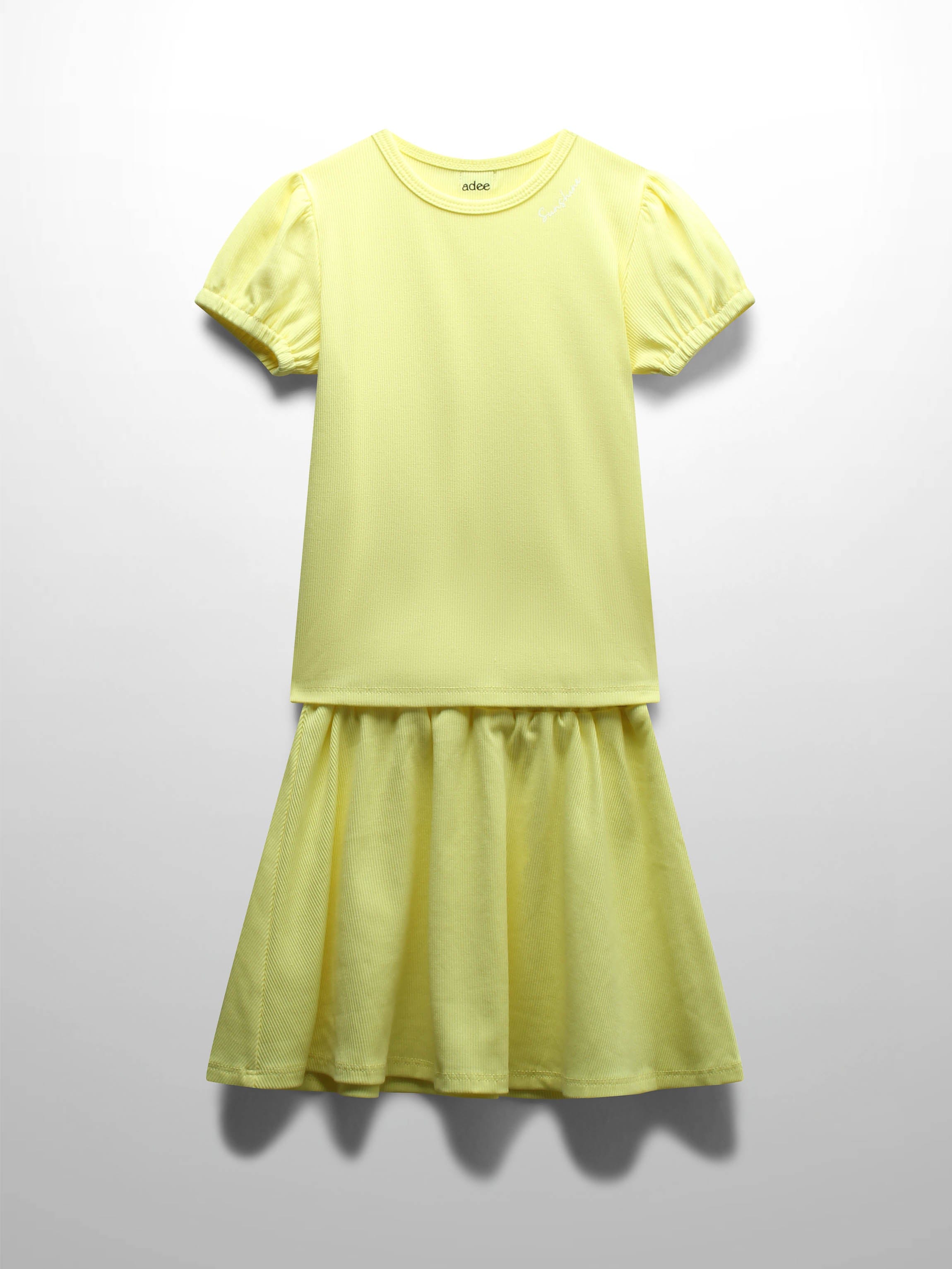 Yellow Ribbed Skirt with Short Bubble Sleeve Shirt