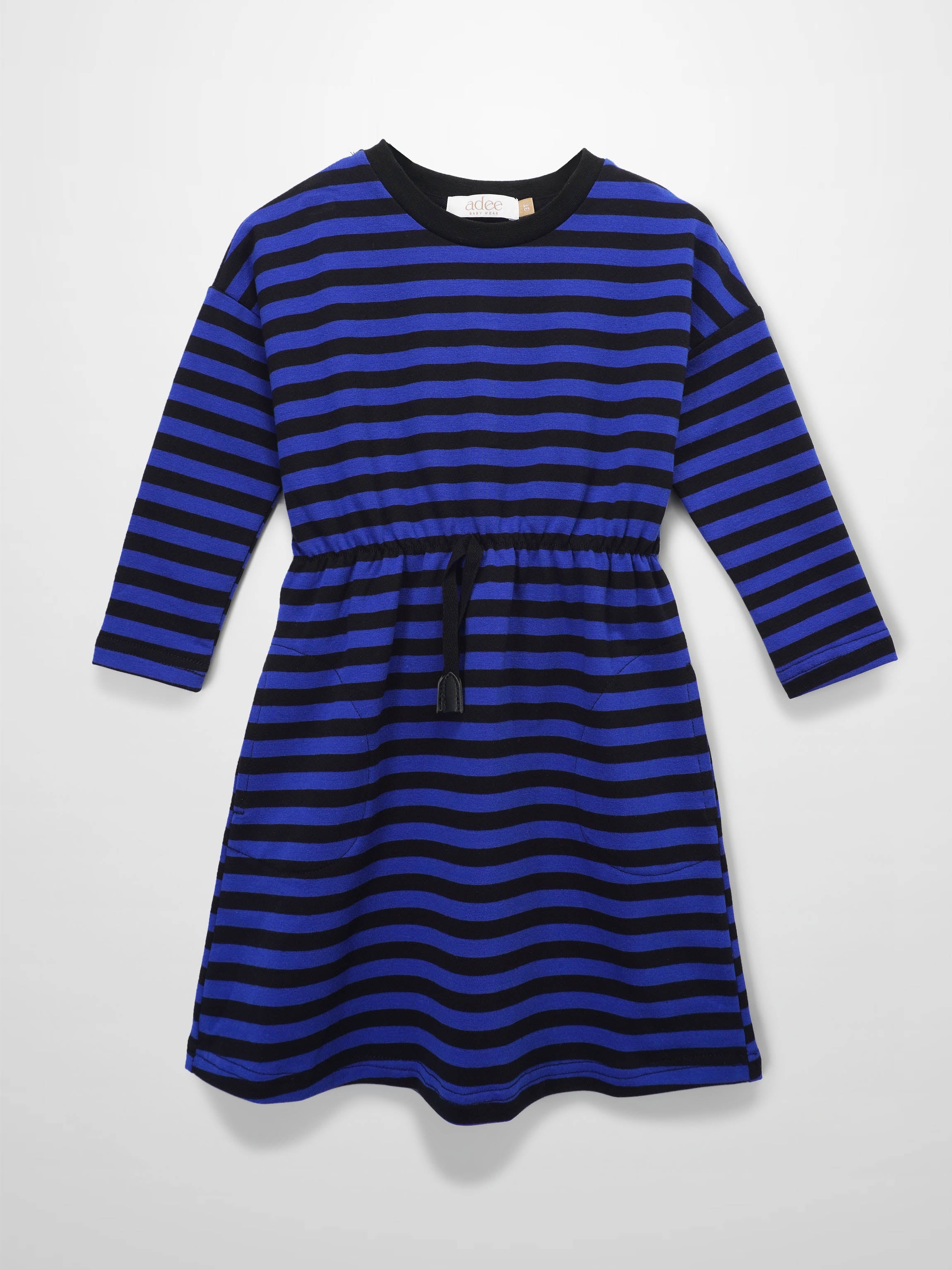 Striped Drawstring Dress - Blue & Black