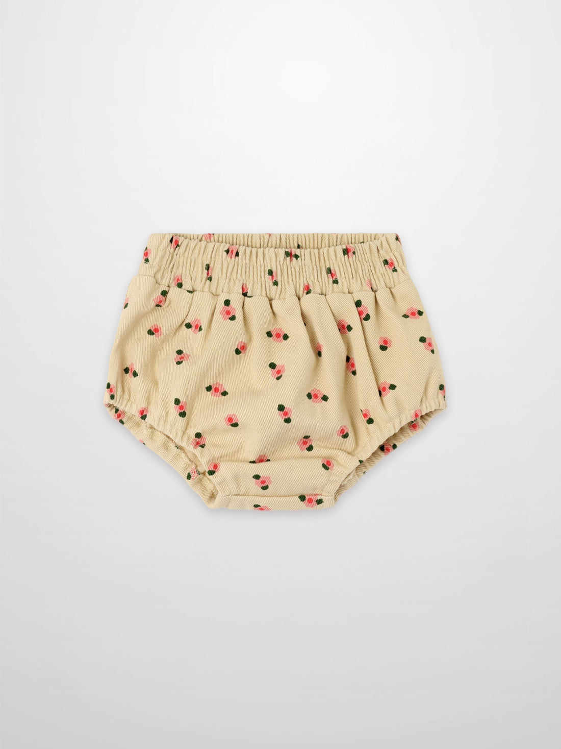 Adee tan floral bloomers for girls; beige fabric with pink flowers and green leaves, elastic waistband.