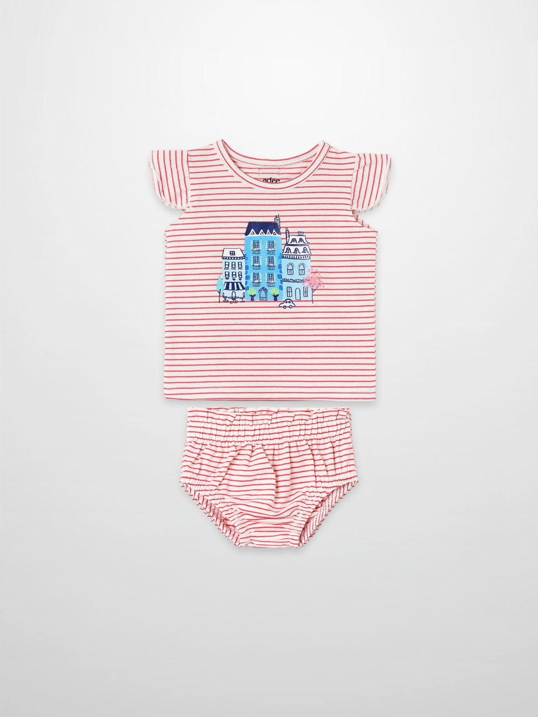 Little Paris Bloomers & Tank Set by Adee; red striped two-piece girls’ outfit with city print