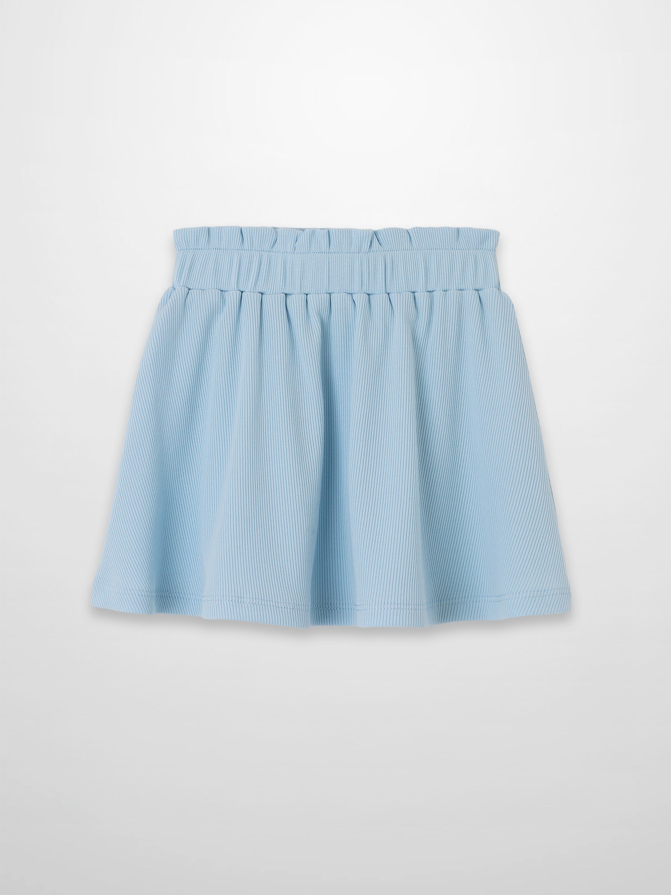 Paper Bag Waist Skirt in light blue with a gathered elastic waistband and soft pleats.