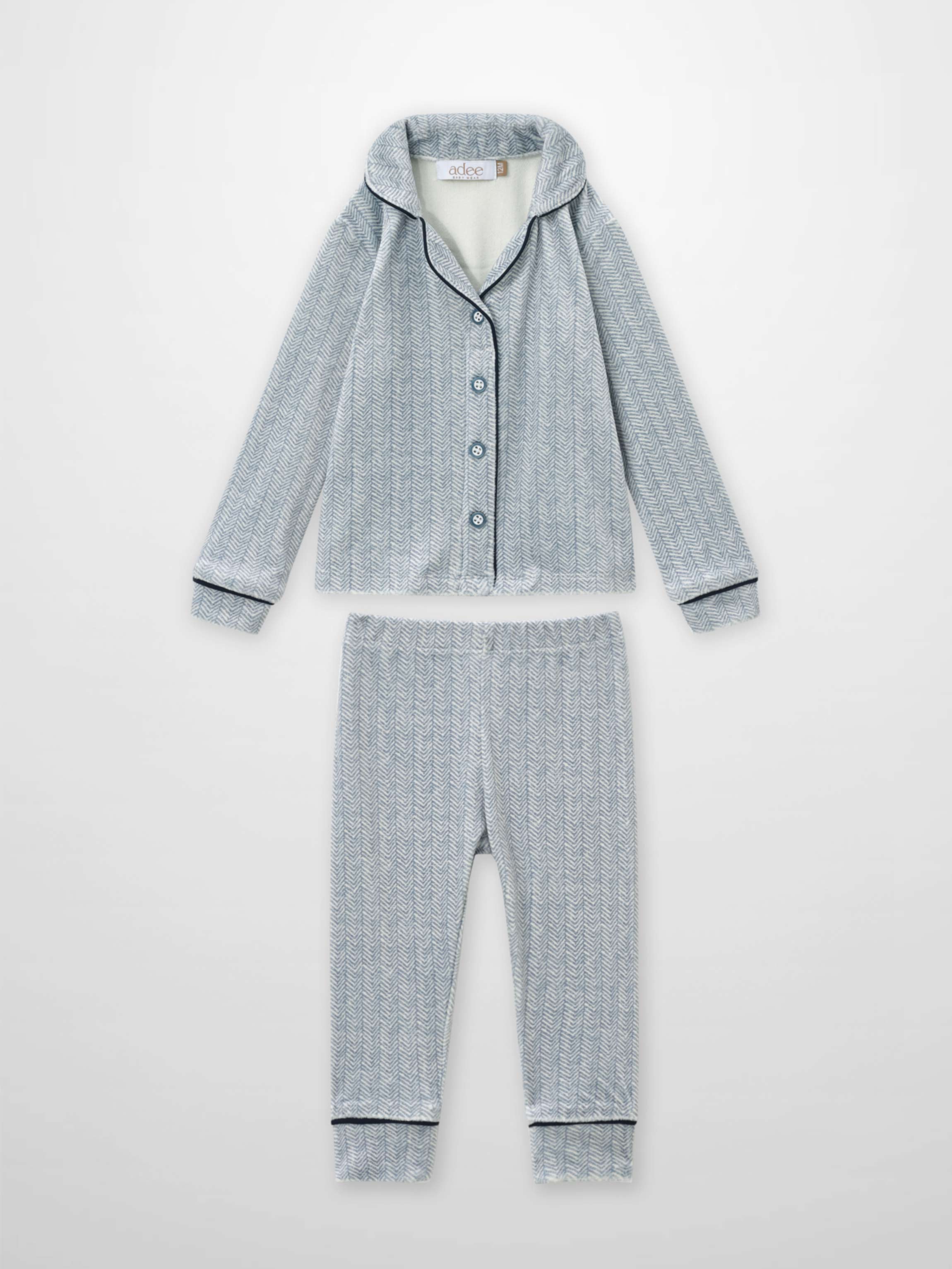 Herringbone Pajamas for boys by Adee, blue two-piece set with piping