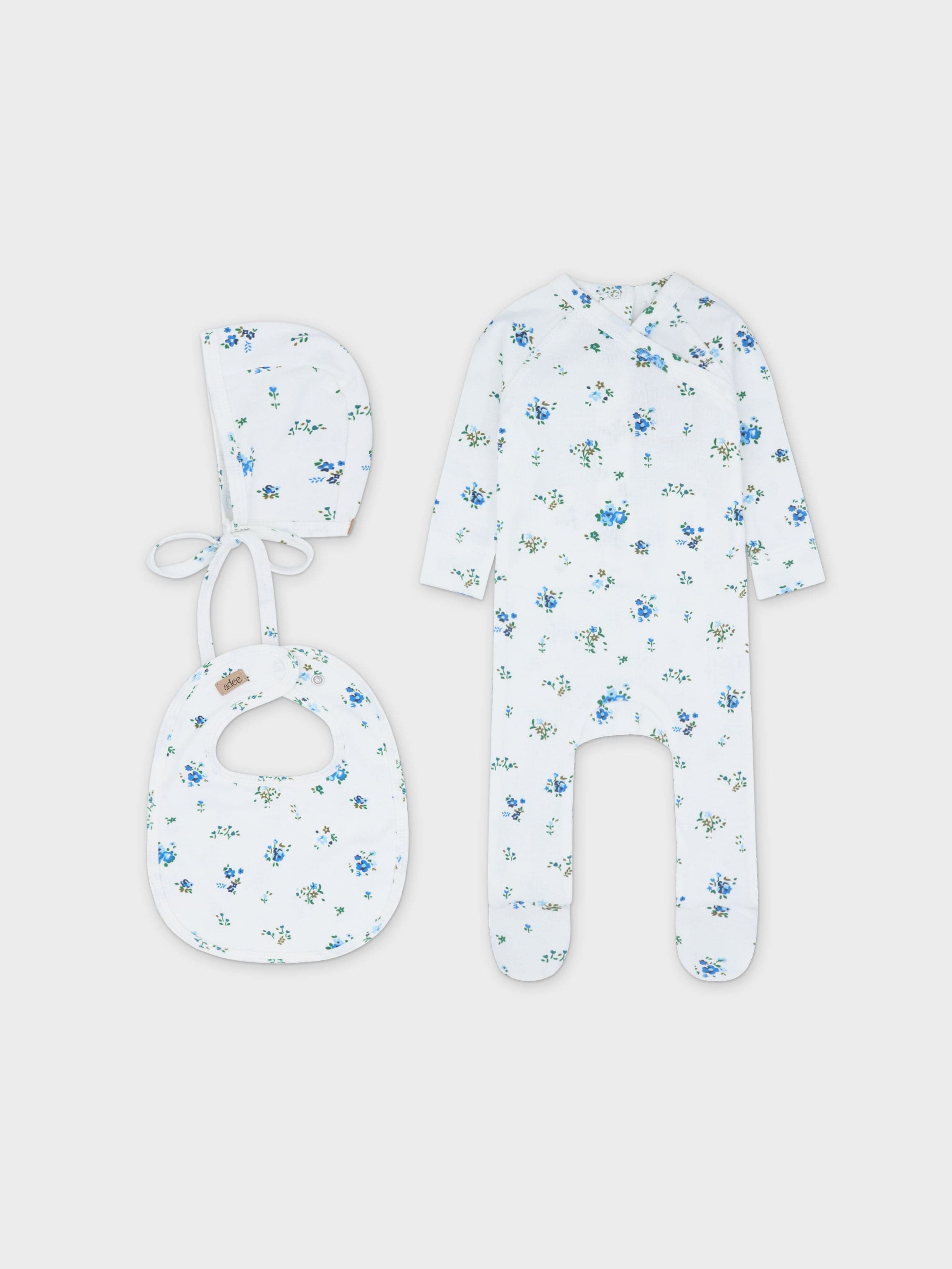 Freesia Flower Stretchy, Bonnet & Bib-Blue