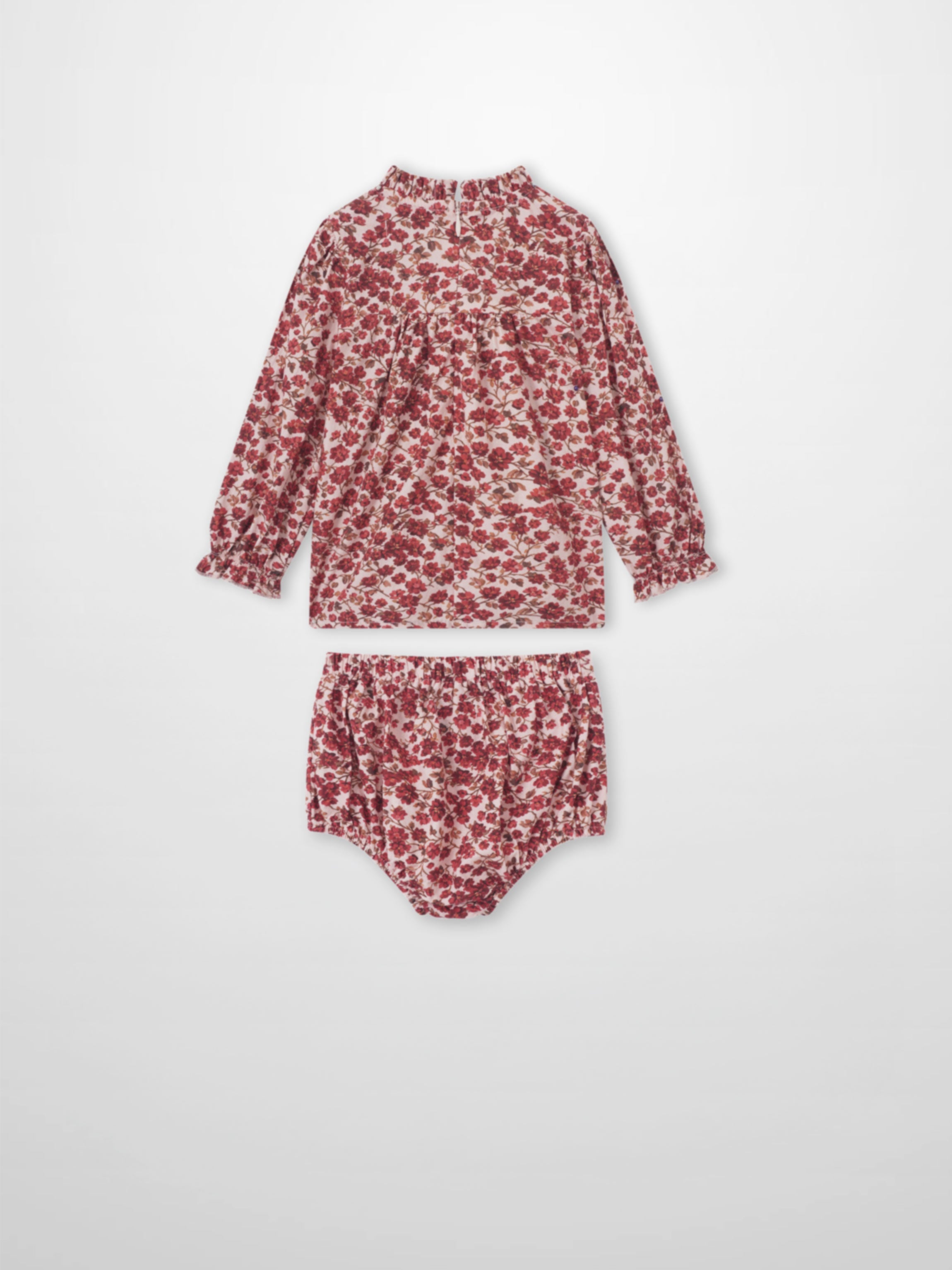 Red Flower Shirt & Bloomers Set; long-sleeve floral top with matching elastic-waist bloomers for little girls