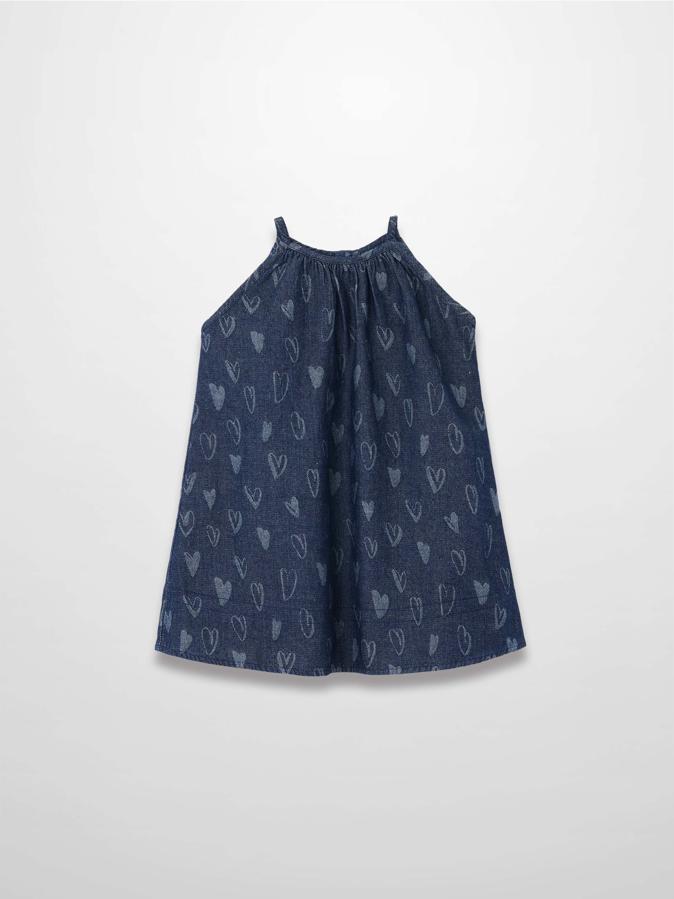 Denim heart-pattern jumper dress, sleeveless with thin shoulder straps and a relaxed A-line fit.