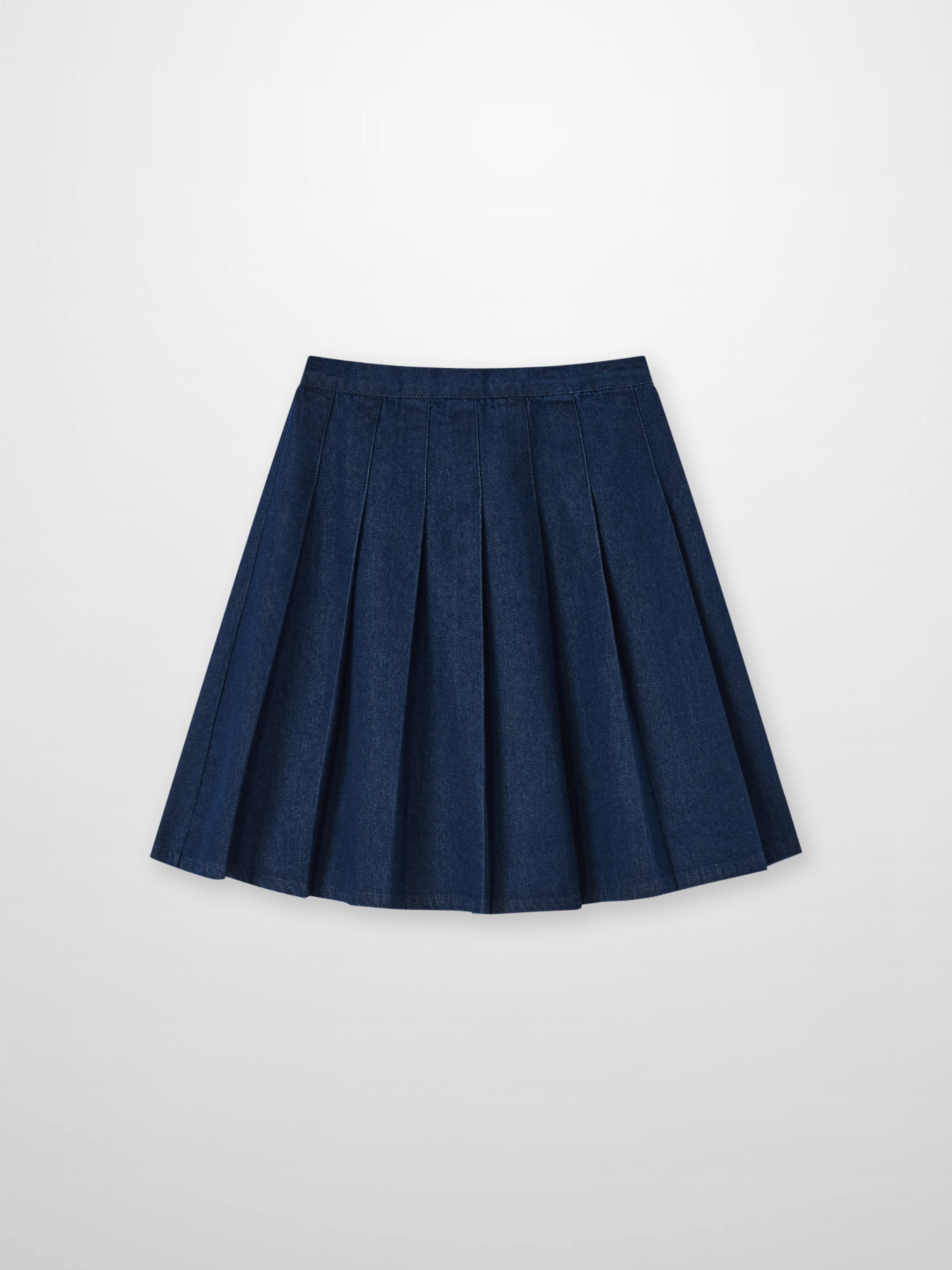 Girls Adee denim pleated skirt in dark blue with structured knife pleats
