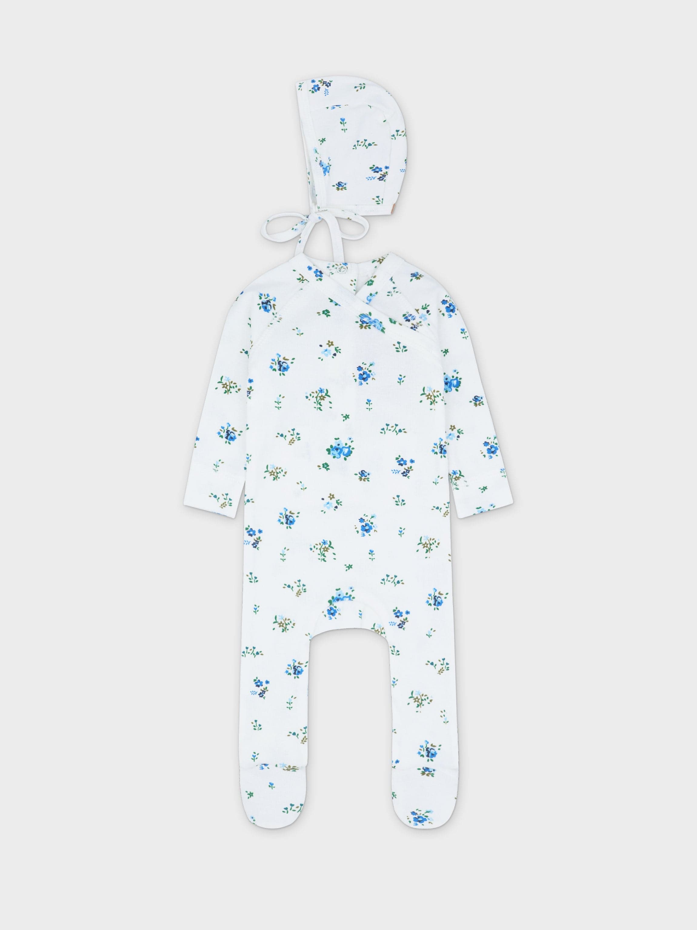 Freesia Flower Stretchy, Bonnet & Bib-Blue