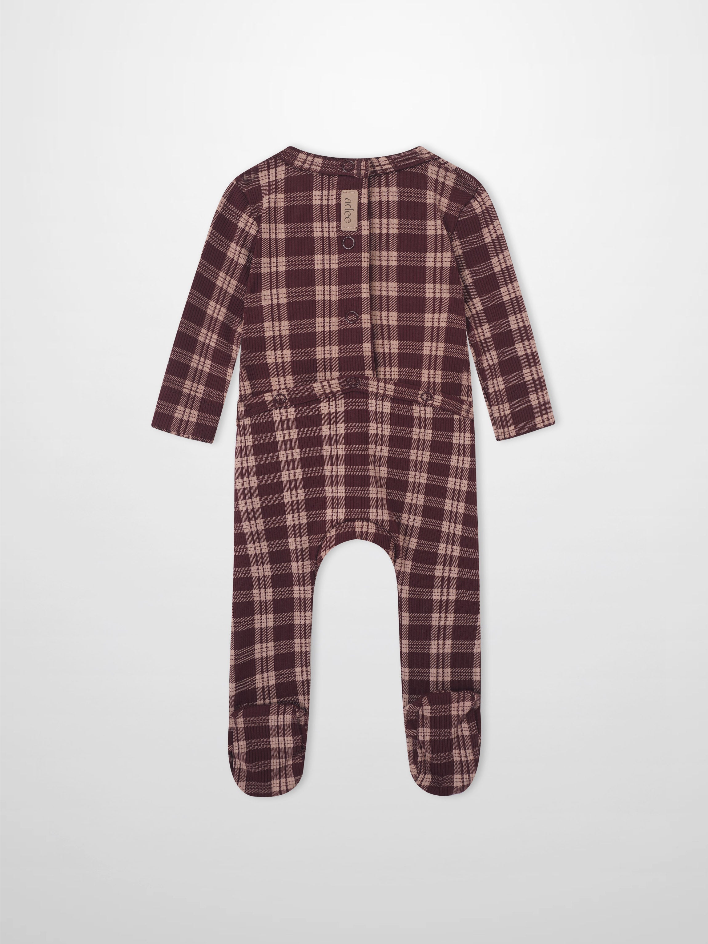 Adee burgundy plaid layette set for girls, footed sleeper.