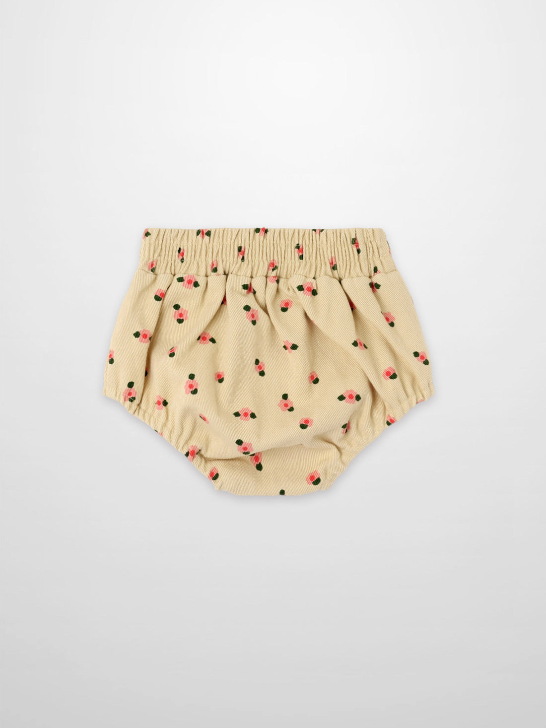 Tan floral bloomers for girls by Adee with elastic waistband and pink floral print