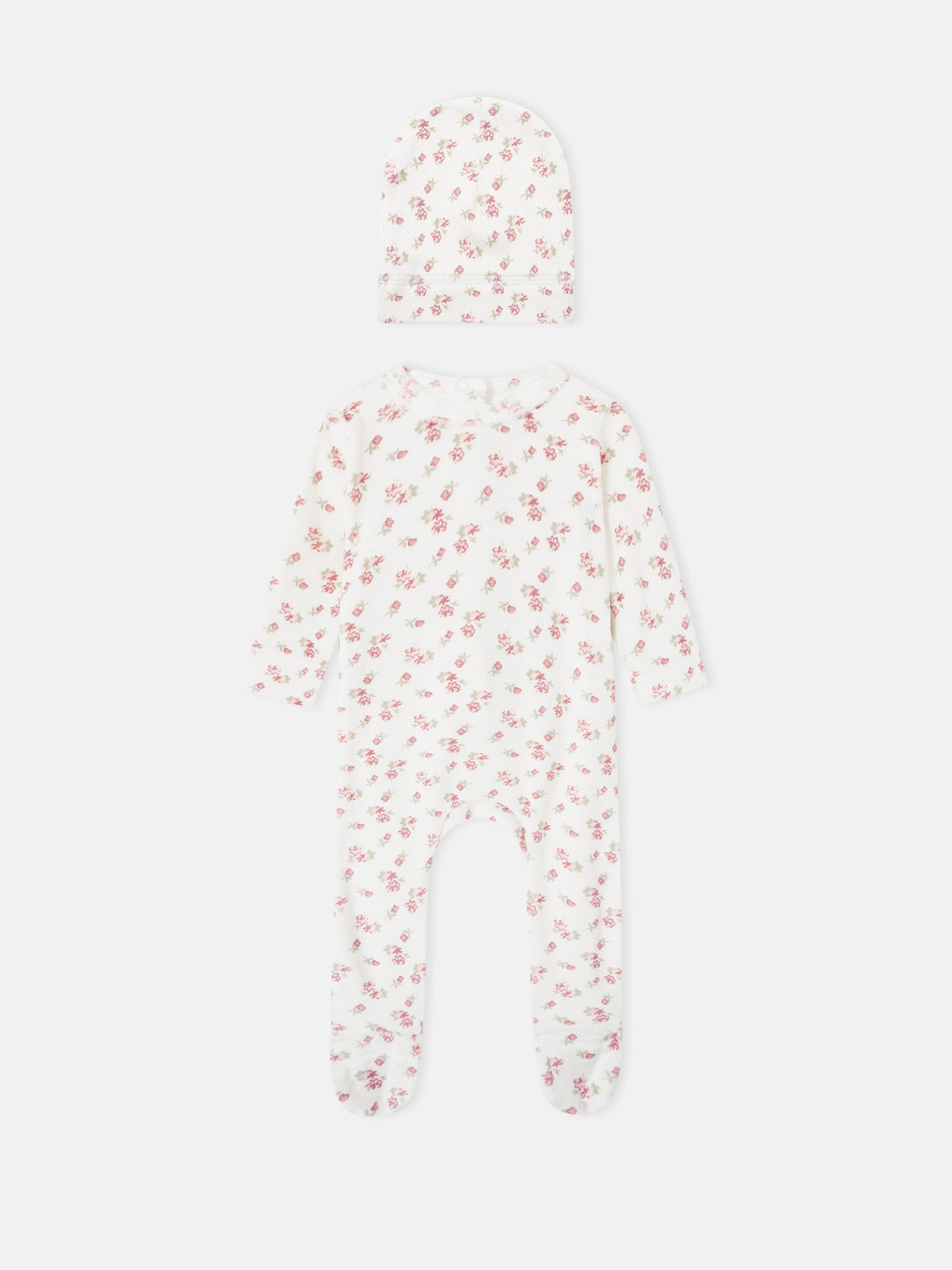 2-piece Tiny Blossom layette set by Adee: white floral-print hat and matching long-sleeve footed romper for girls.