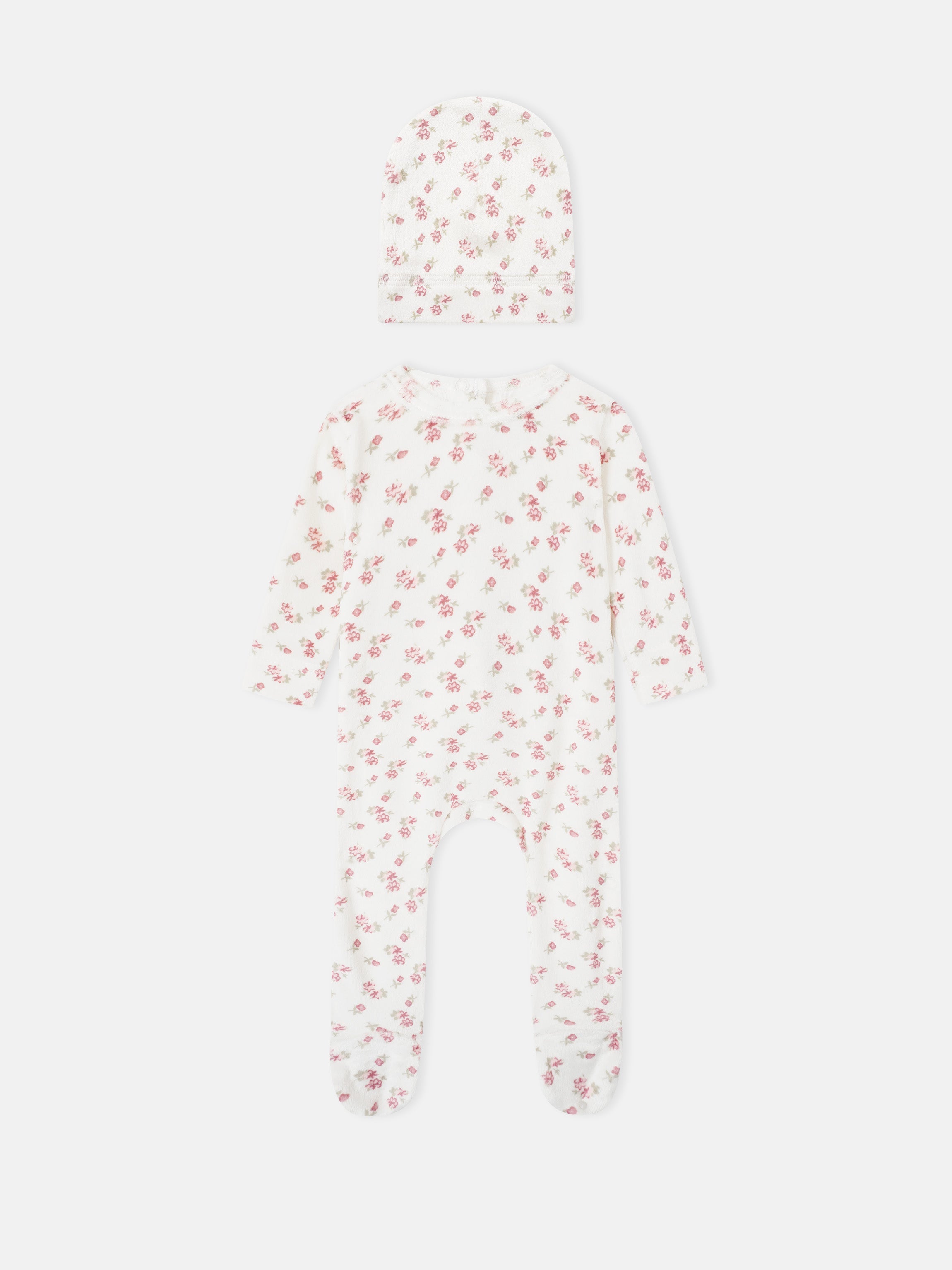 2-piece Tiny Blossom layette set by Adee: white floral-print hat and matching long-sleeve footed romper for girls.
