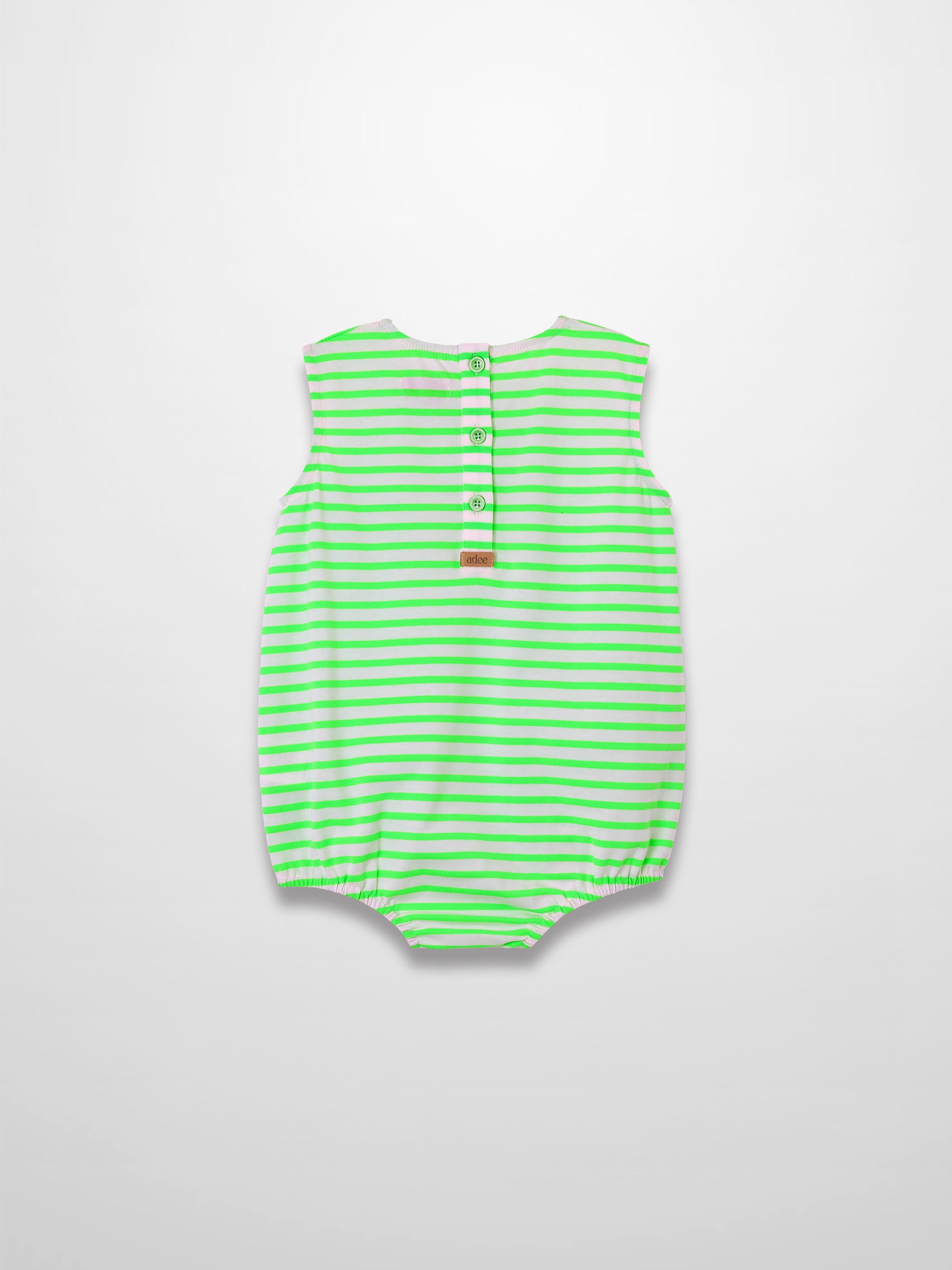 Neon green and white striped baby romper with back buttons and elastic leg openings.