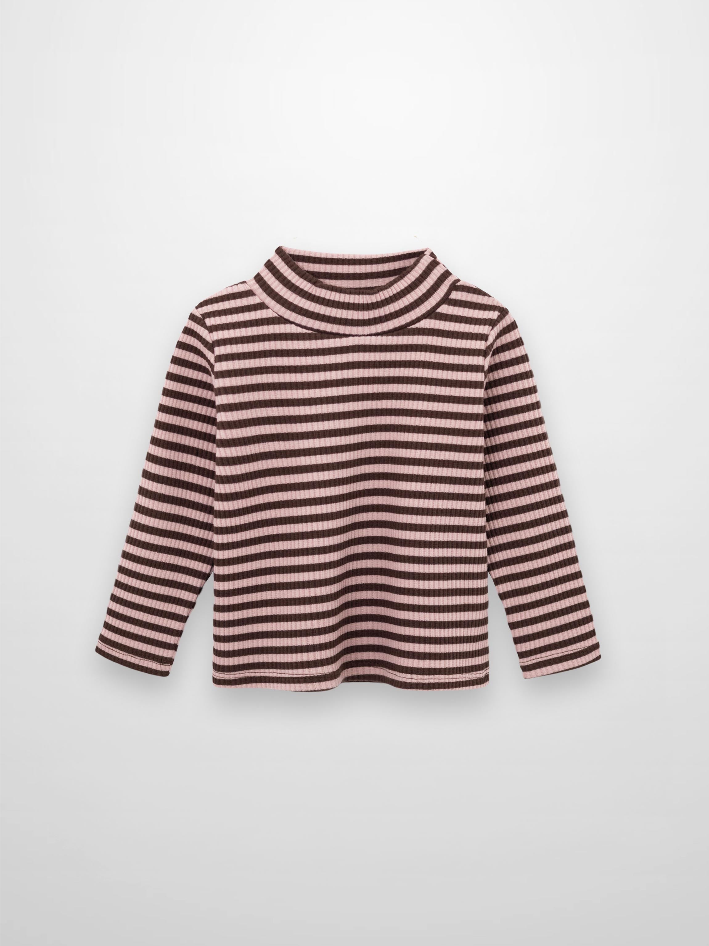 Striped Mock Neck T-Shirt - Brown & Pink