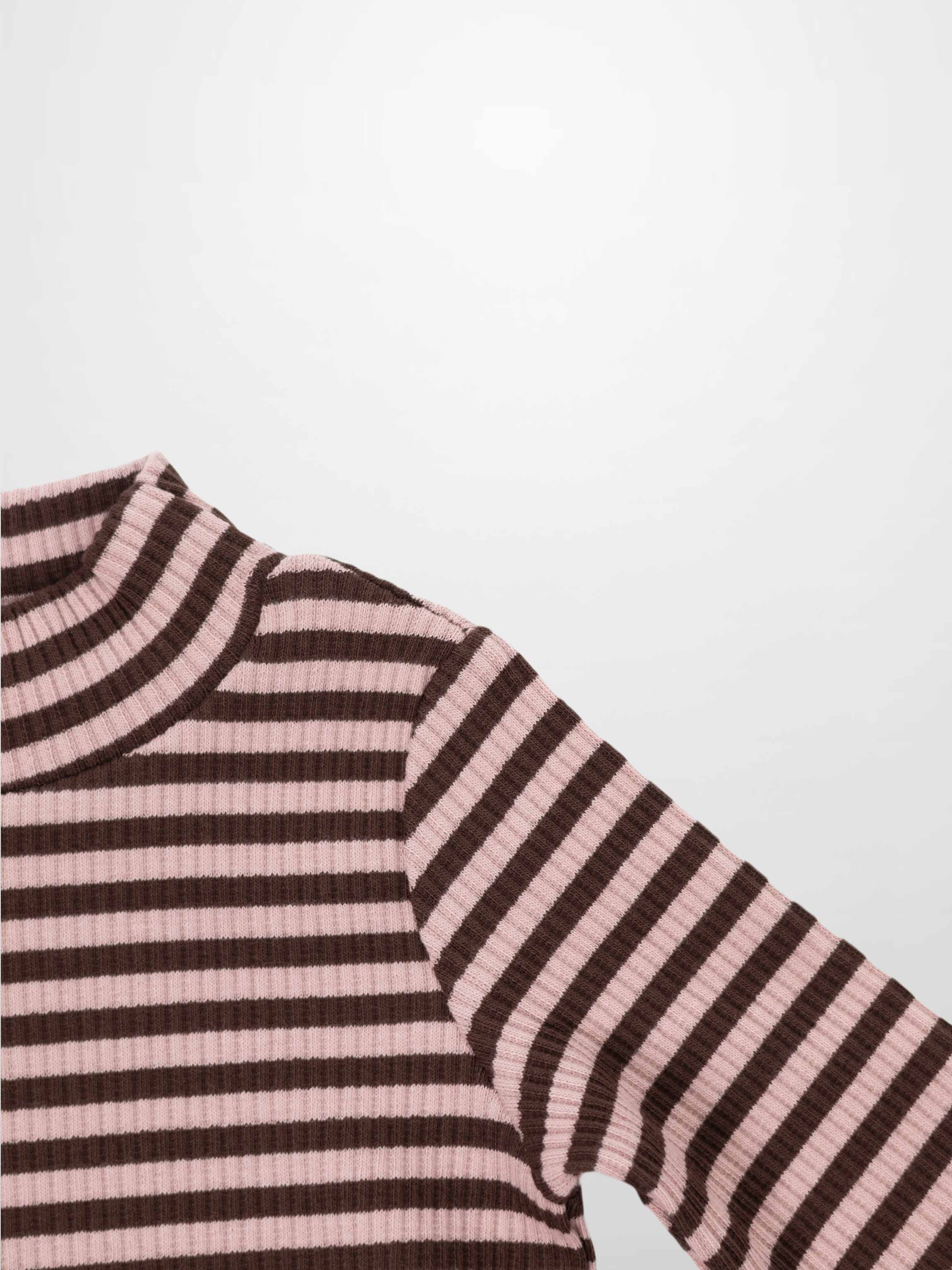 Striped Mock Neck T-Shirt - Brown & Pink