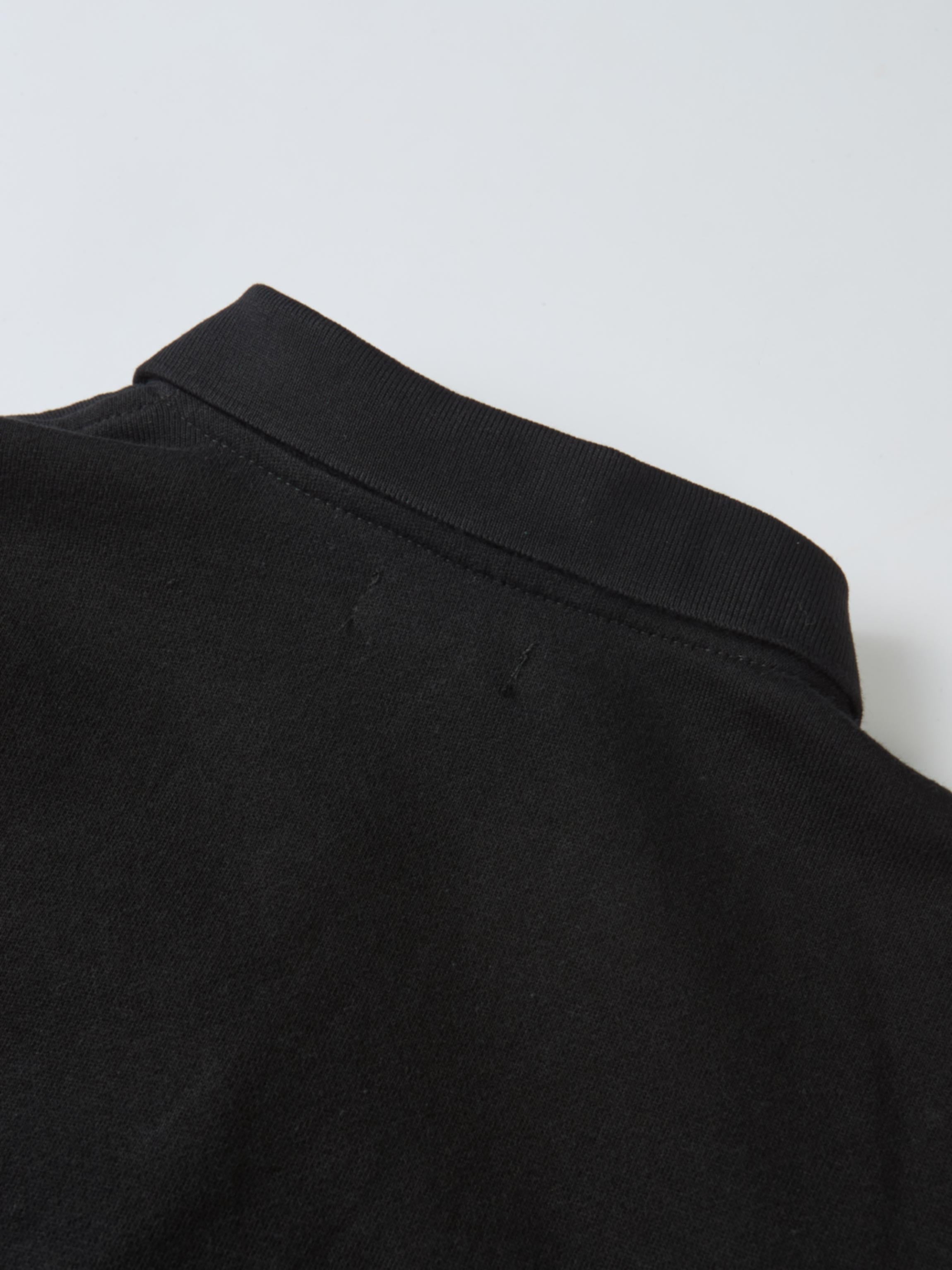 Collared black sweatshirt, unisex top; close-up of neckline with stitched seam.