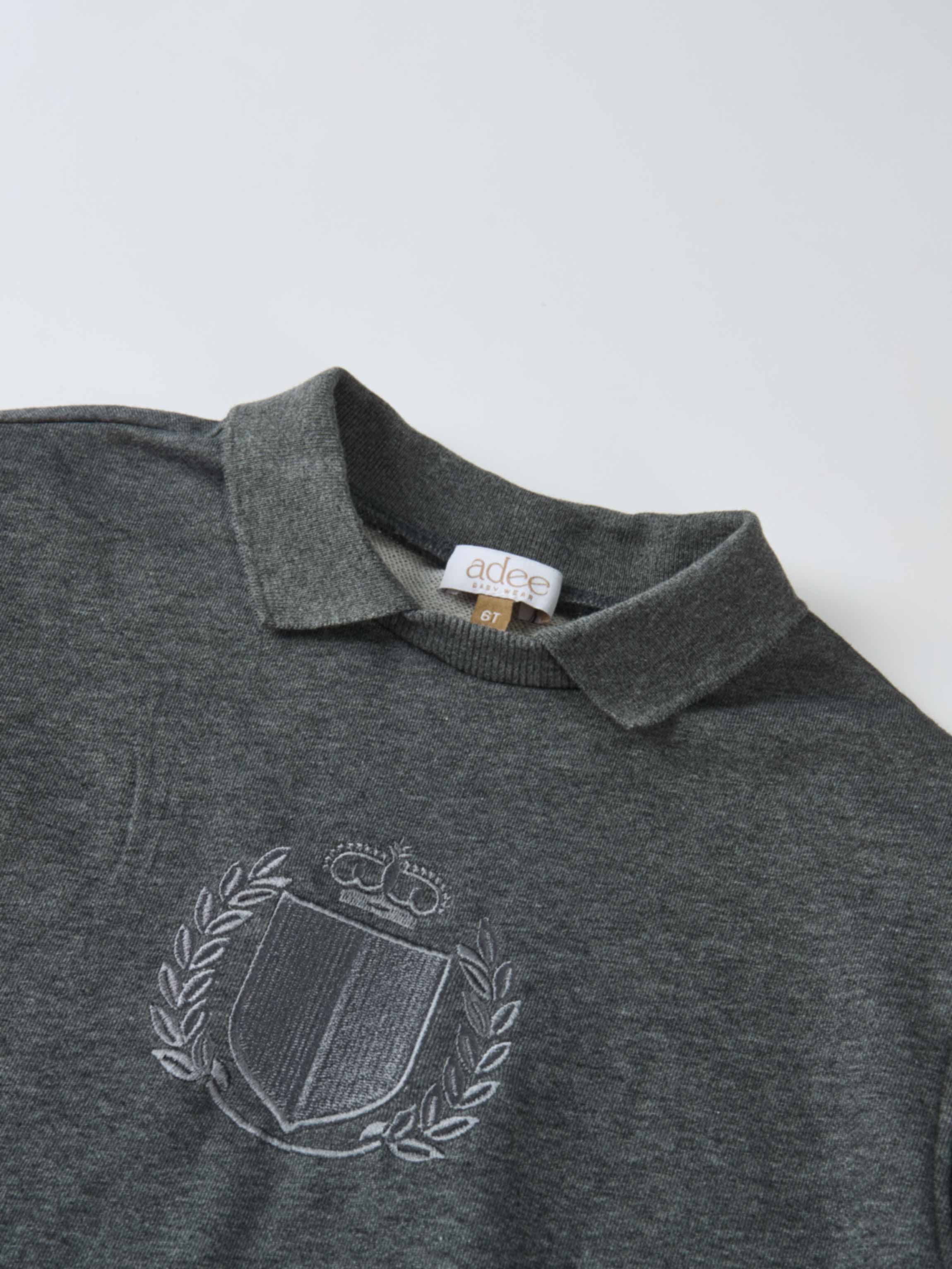 Windsor Dress; grey knit fabric, polo collar, embroidered laurel crest, Adee brand