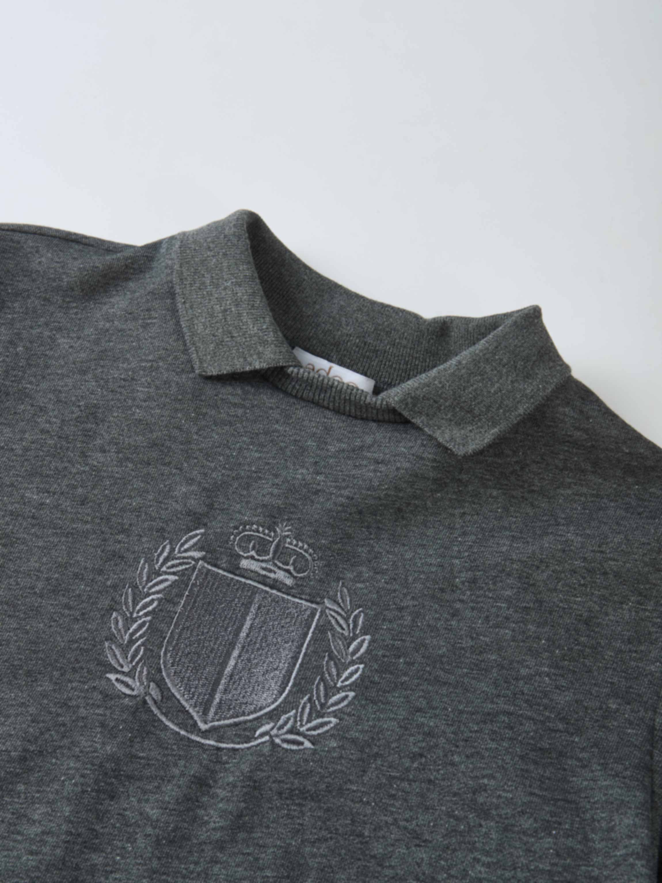 Windsor Sweatshirt by Adee; heather charcoal gray unisex top with crest embroidery