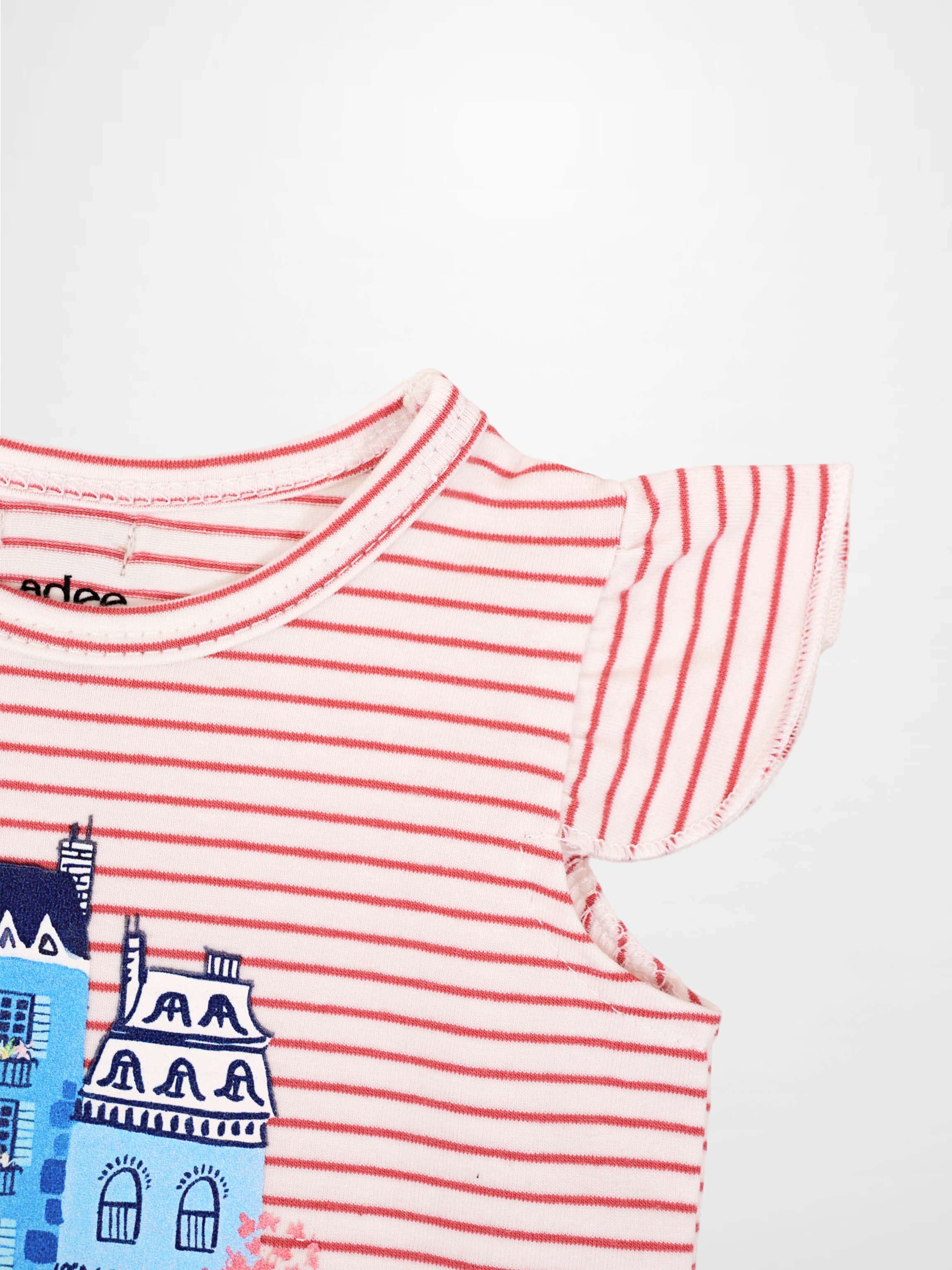 Little Paris Bloomers & Tank Set by Adee, pink and white striped top with a ruffled sleeve and blue city print.