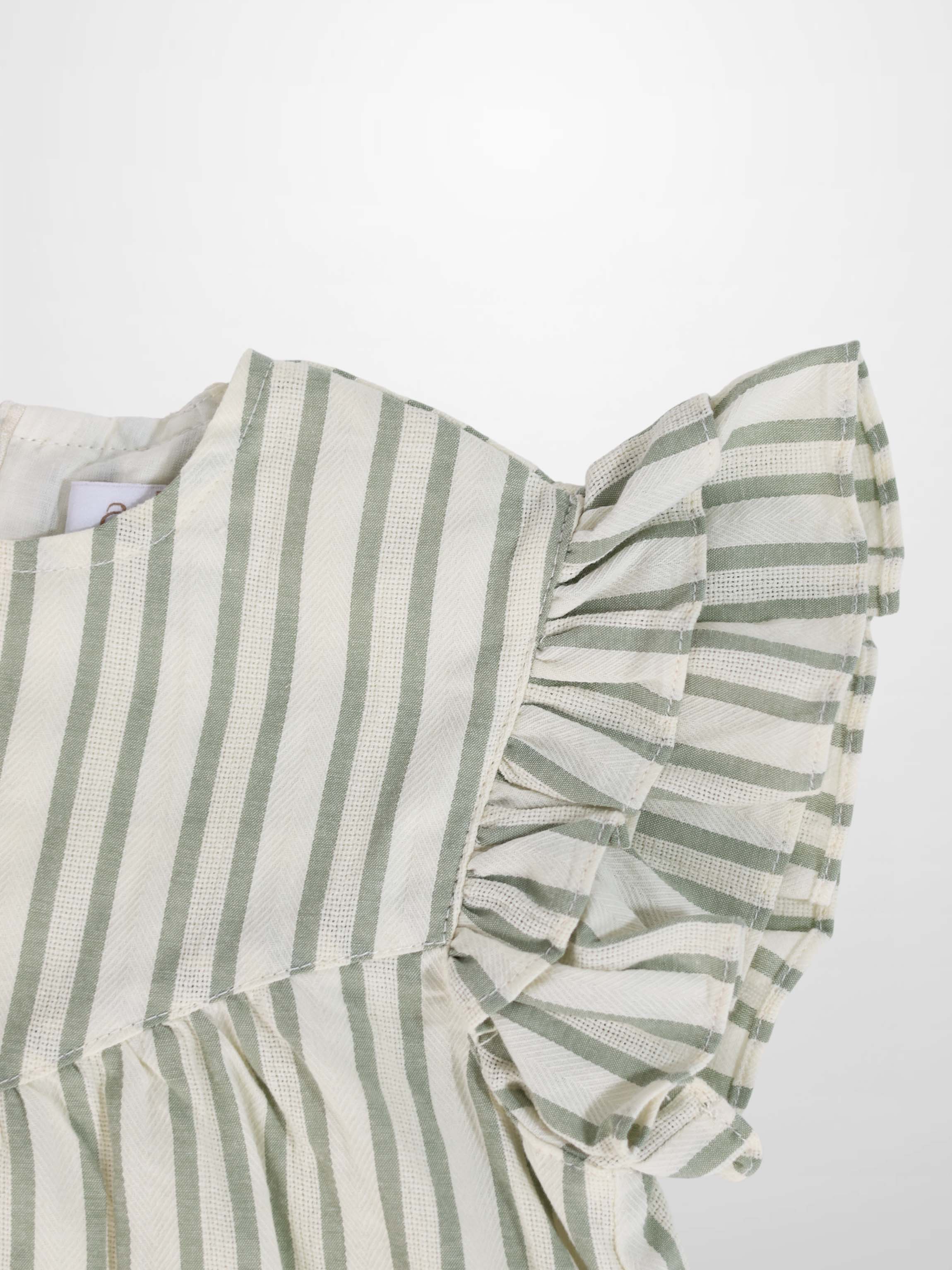 Light green and cream striped dress with ruffled sleeve detail