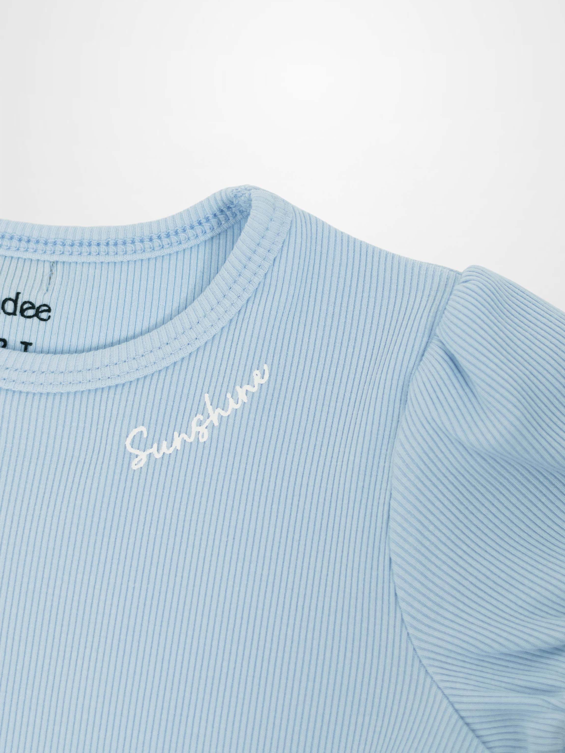 Light blue ribbed 3/4 puff sleeve T-shirt with white cursive &