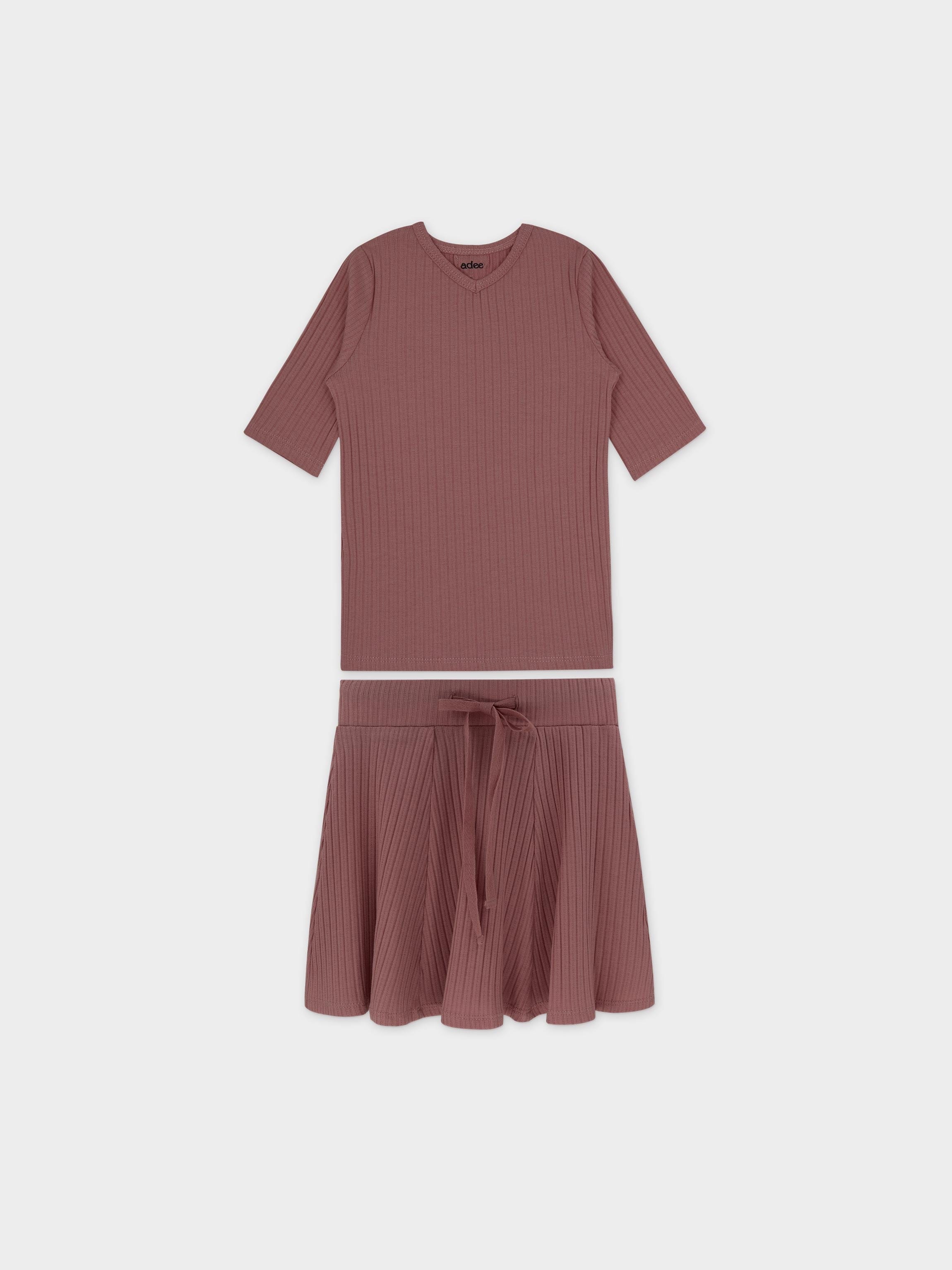 Pointelle V-Neck Short Sleeve Shirt & Skirt-Mauve