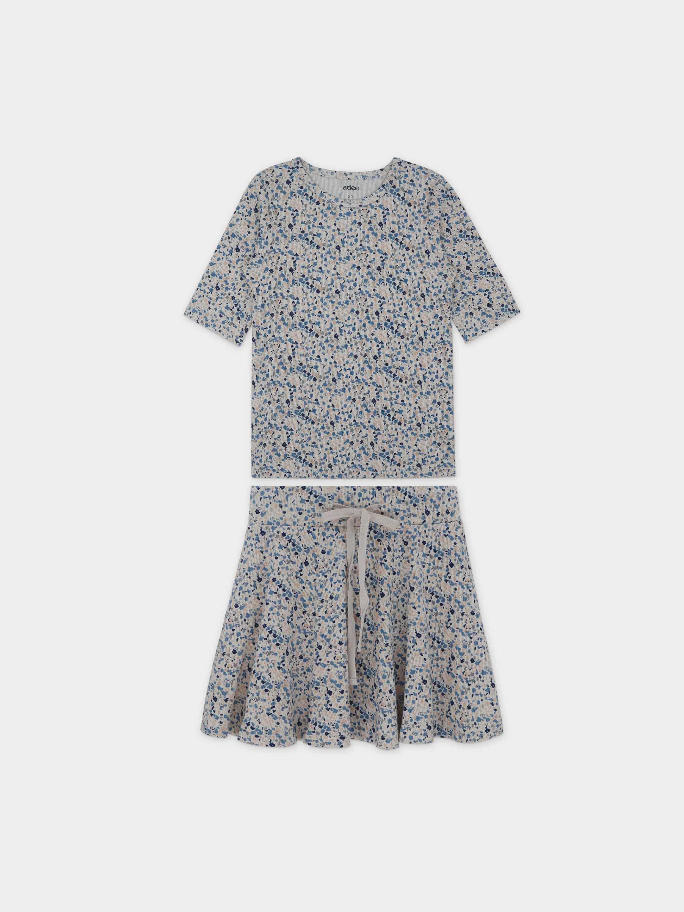 Water Color 3/4 Sleeve Shirt & Skirt-Blue