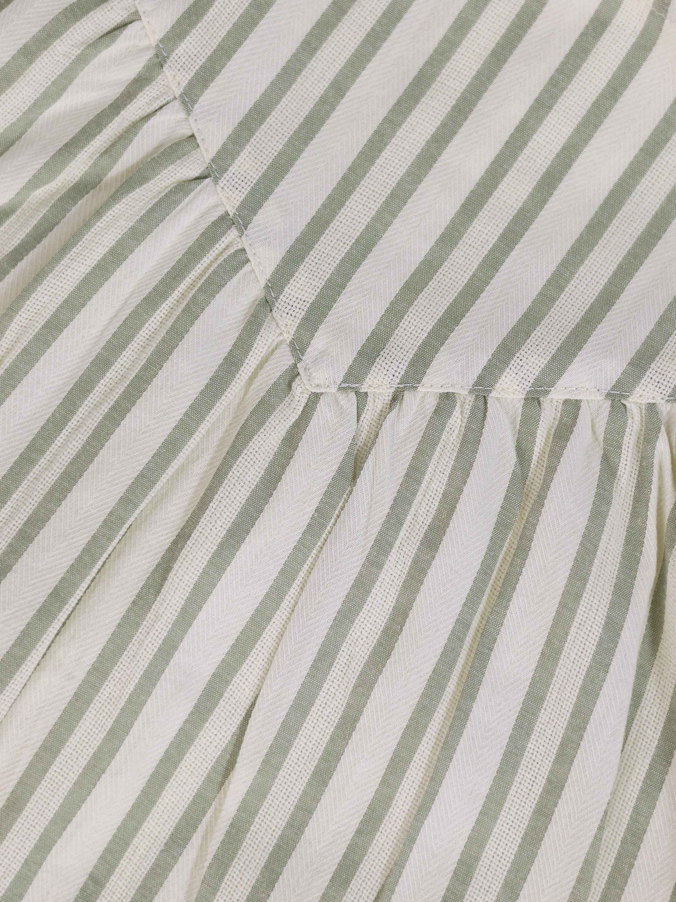 Close-up of a green striped dress fabric with a gathered waist seam.