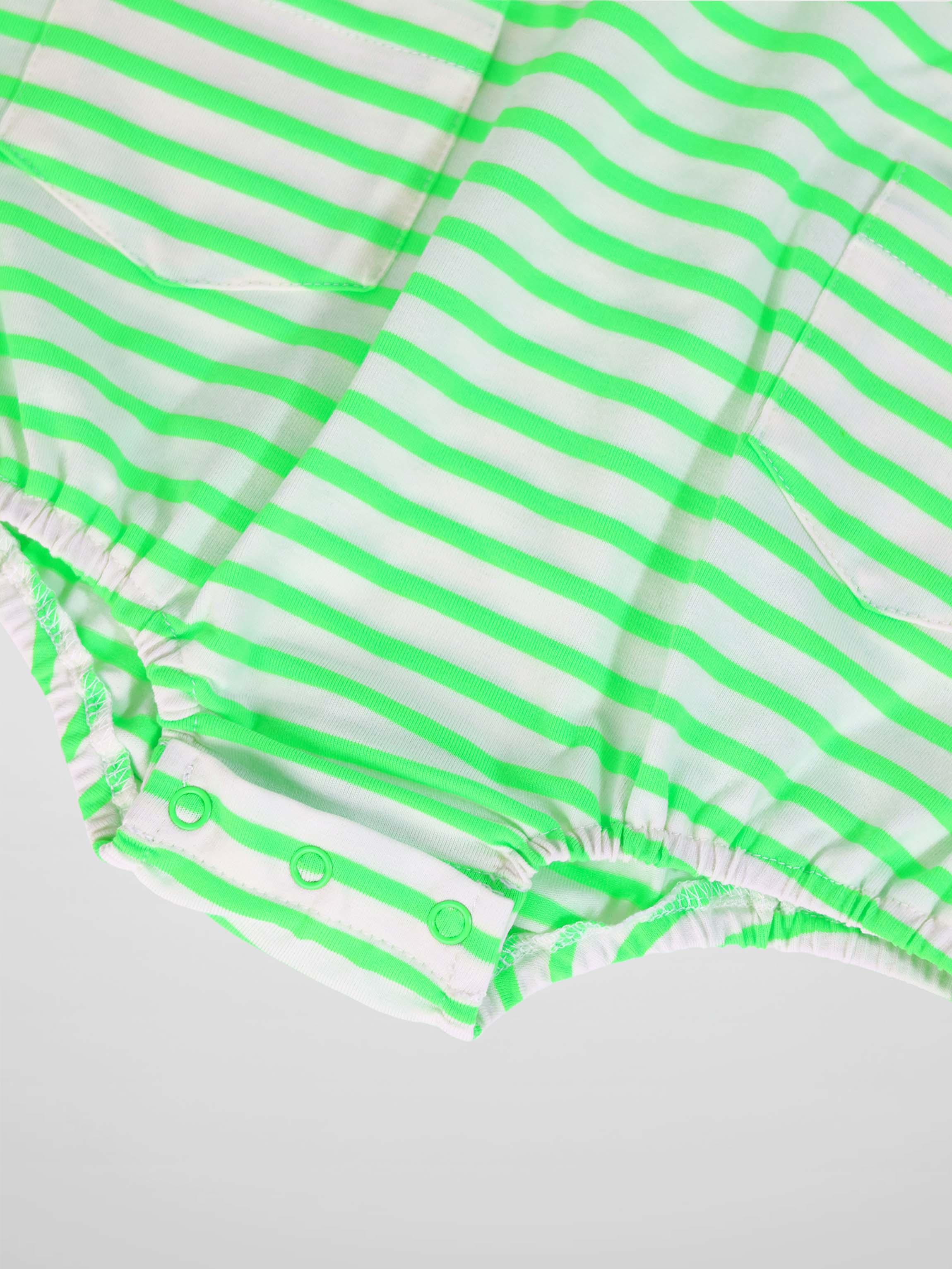 Neon green striped romper with elasticized hems and bottom snap closures.