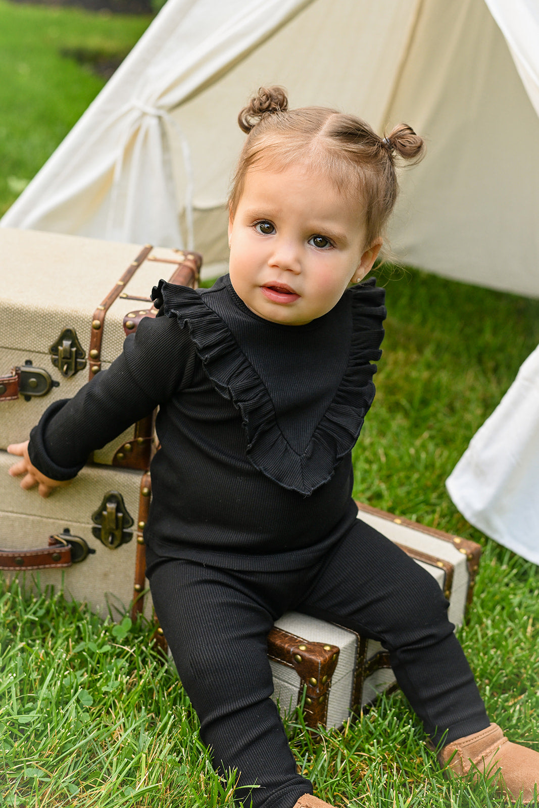 Ruffle Thin Ribbed Pajama - Black