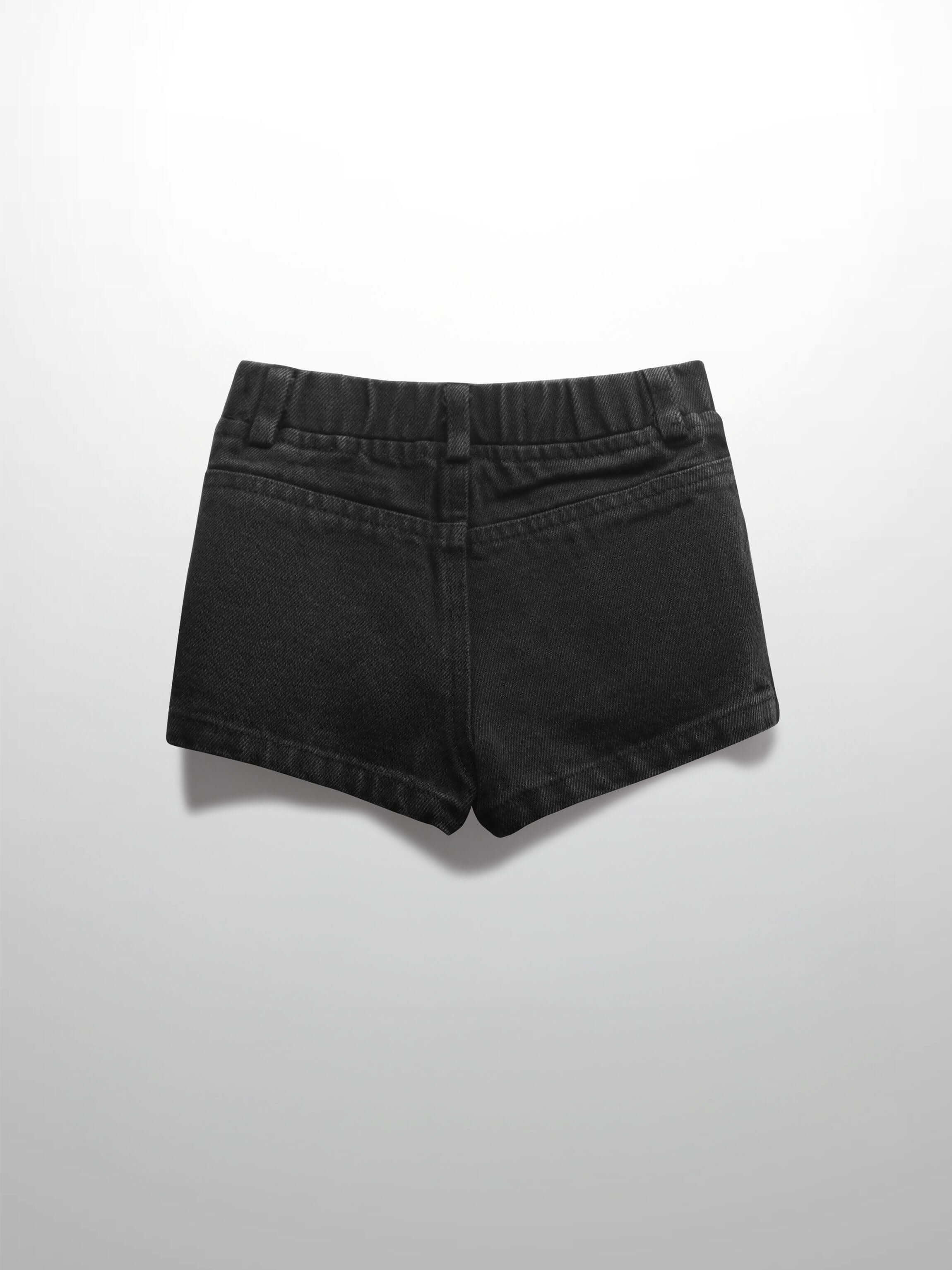 Back view of black denim shorts