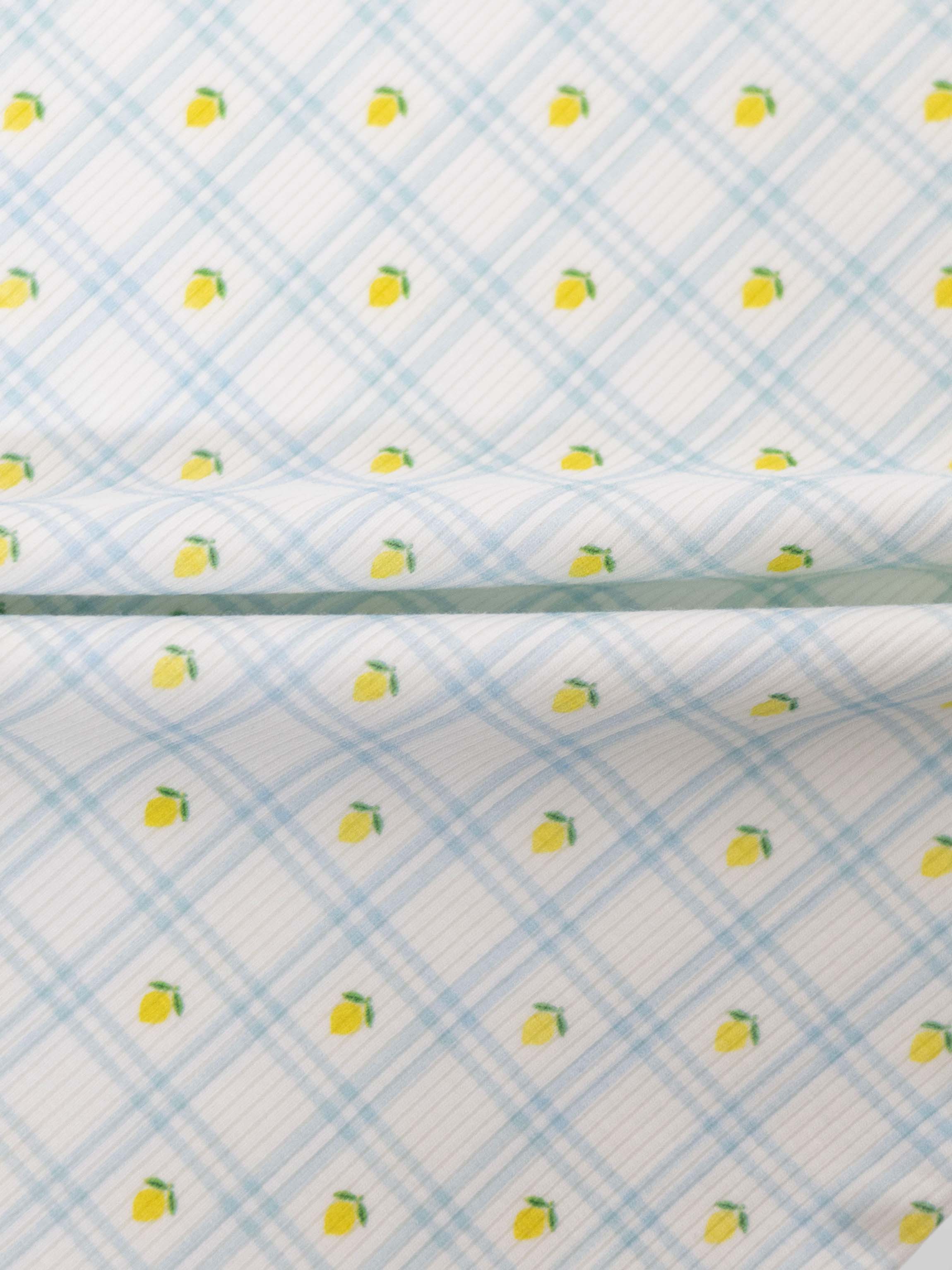 Lemon Window Pajamas fabric: white base with light blue grid plaid and tiny yellow lemons.