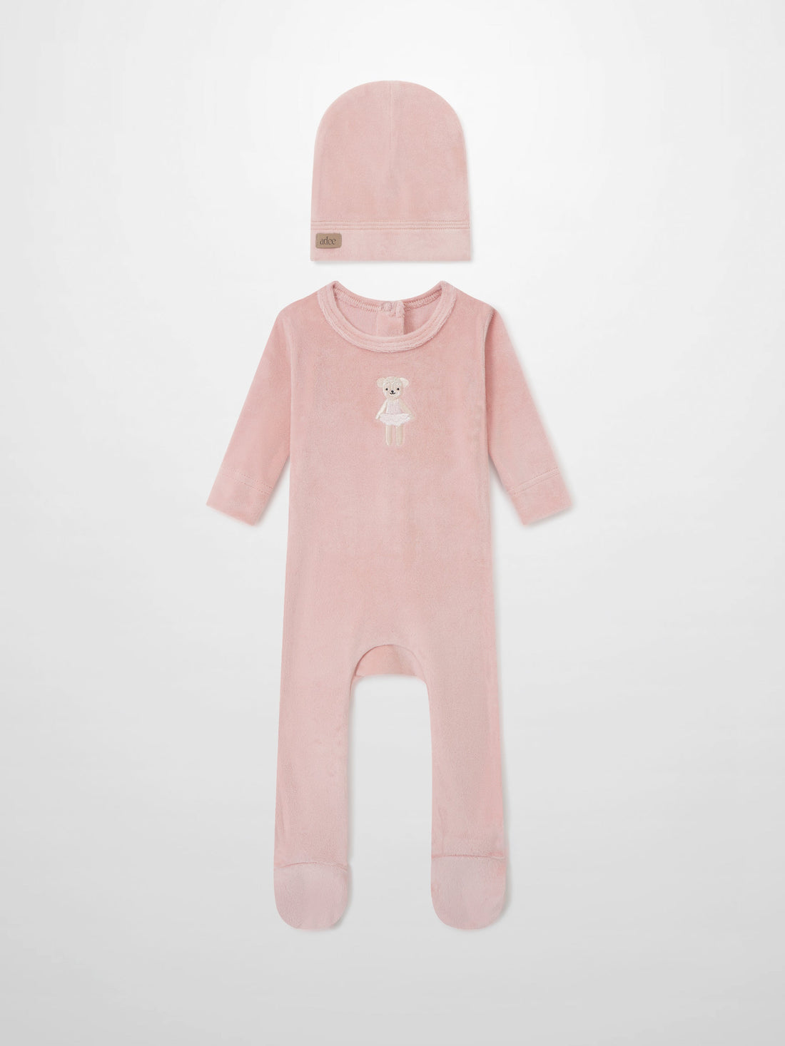 Ballerina Bear layette set for girls by Adee: pink hat and matching footed sleeper with bear in tutu embroidery.