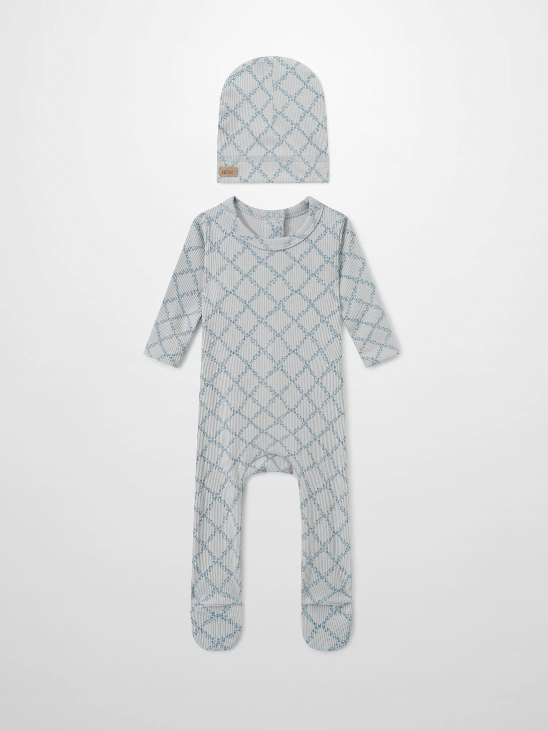 Adee Blue Leaf layette set for boys, 2-piece with beanie and footed romper in blue lattice print.