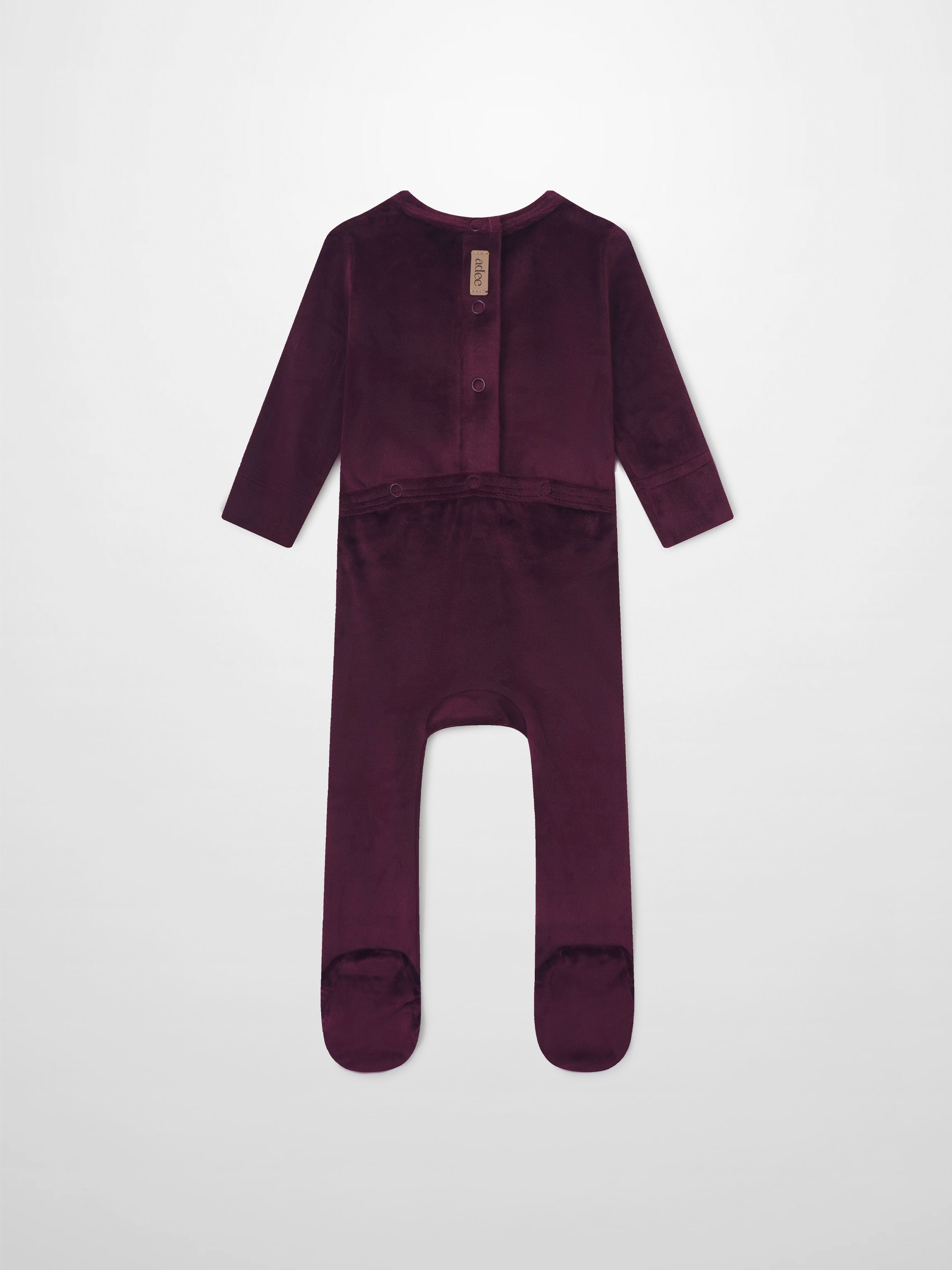Embroidered Bear Burgundy layette set for girls by Adee, velour fabric, back view