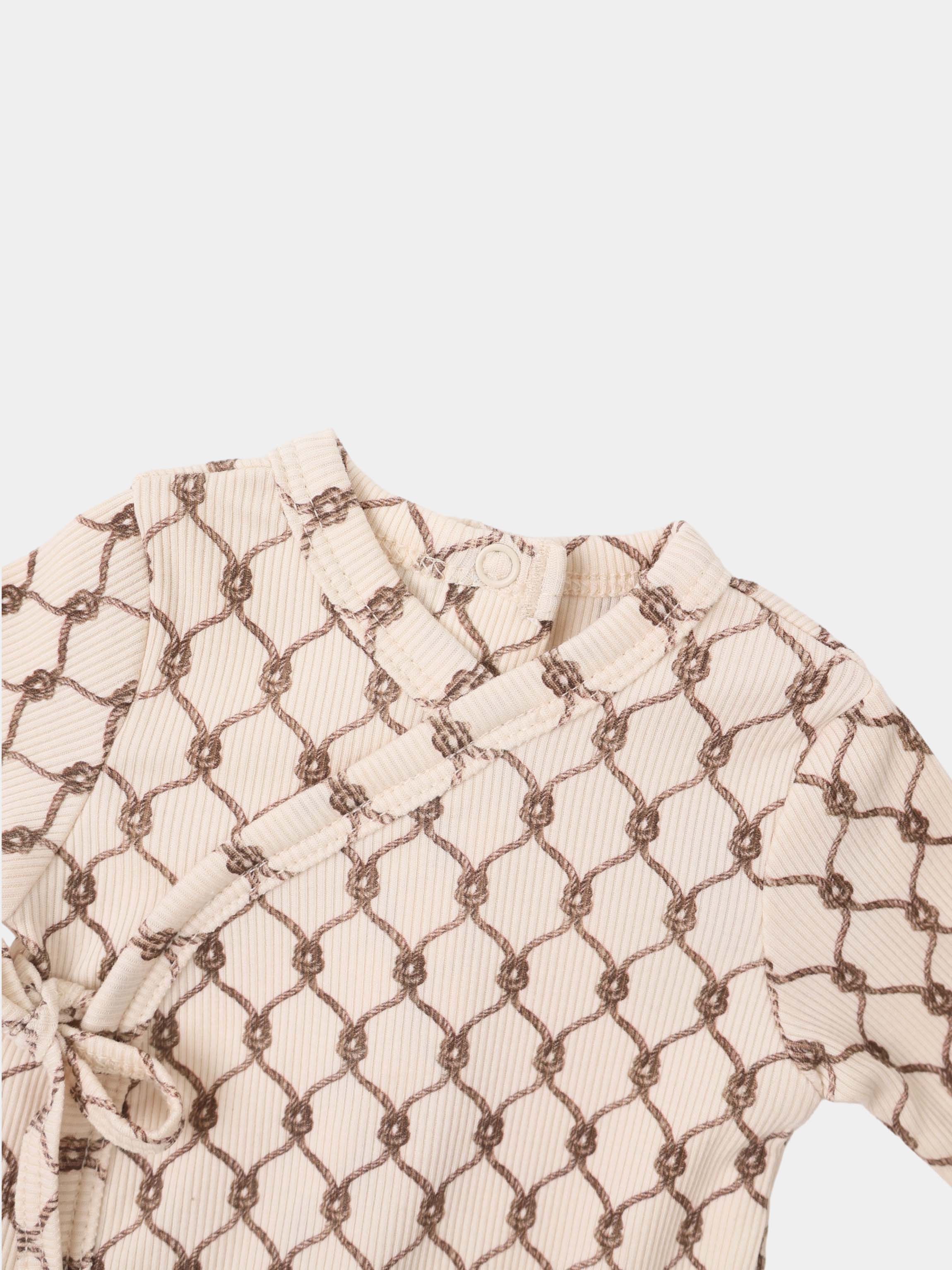 Brown Chain Layette Set for boys by Adee; beige ribbed fabric with brown chain pattern and collar.