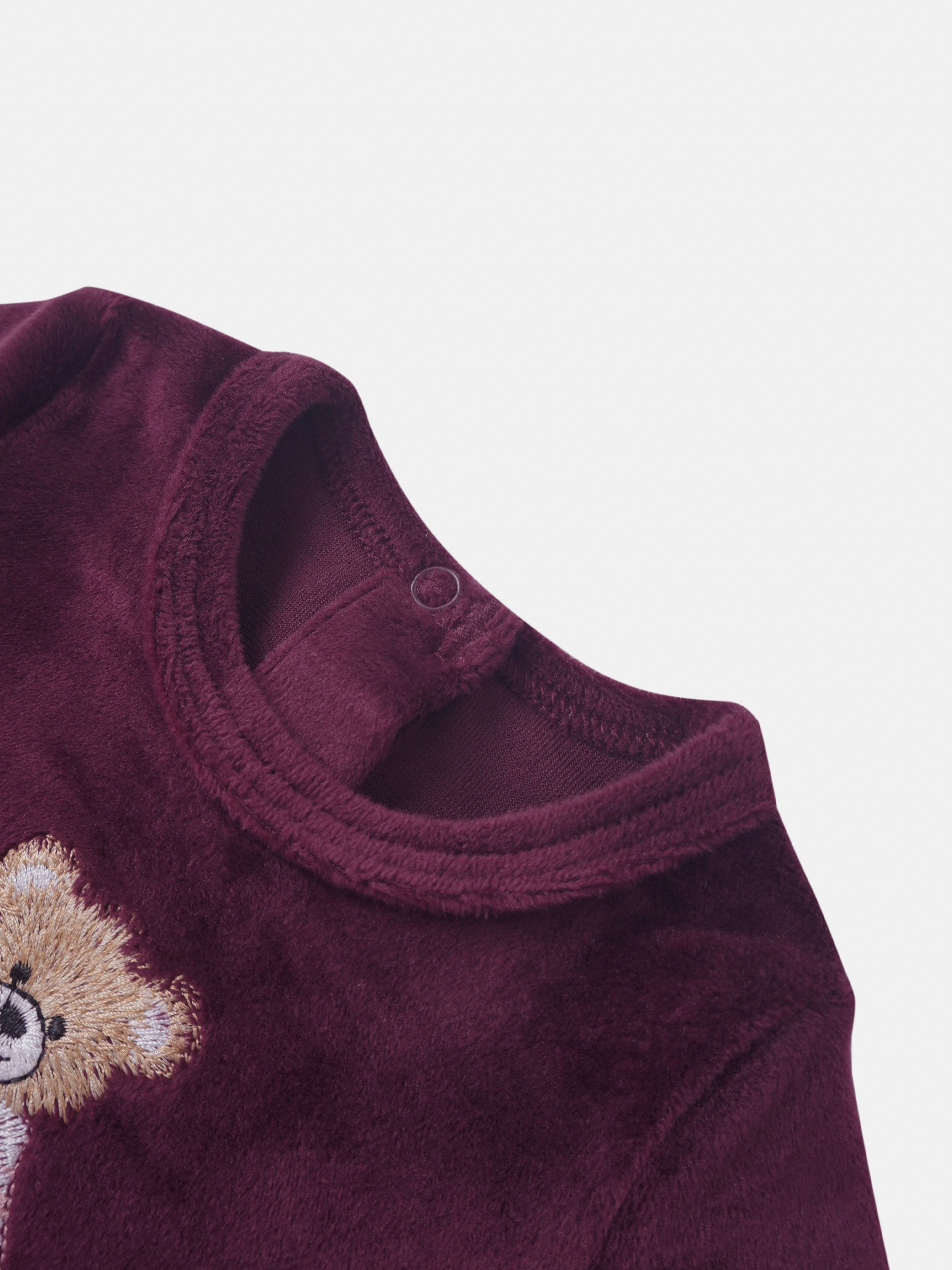 Embroidered Bear Burgundy layette set by Adee; burgundy plush fabric with bear embroidery.
