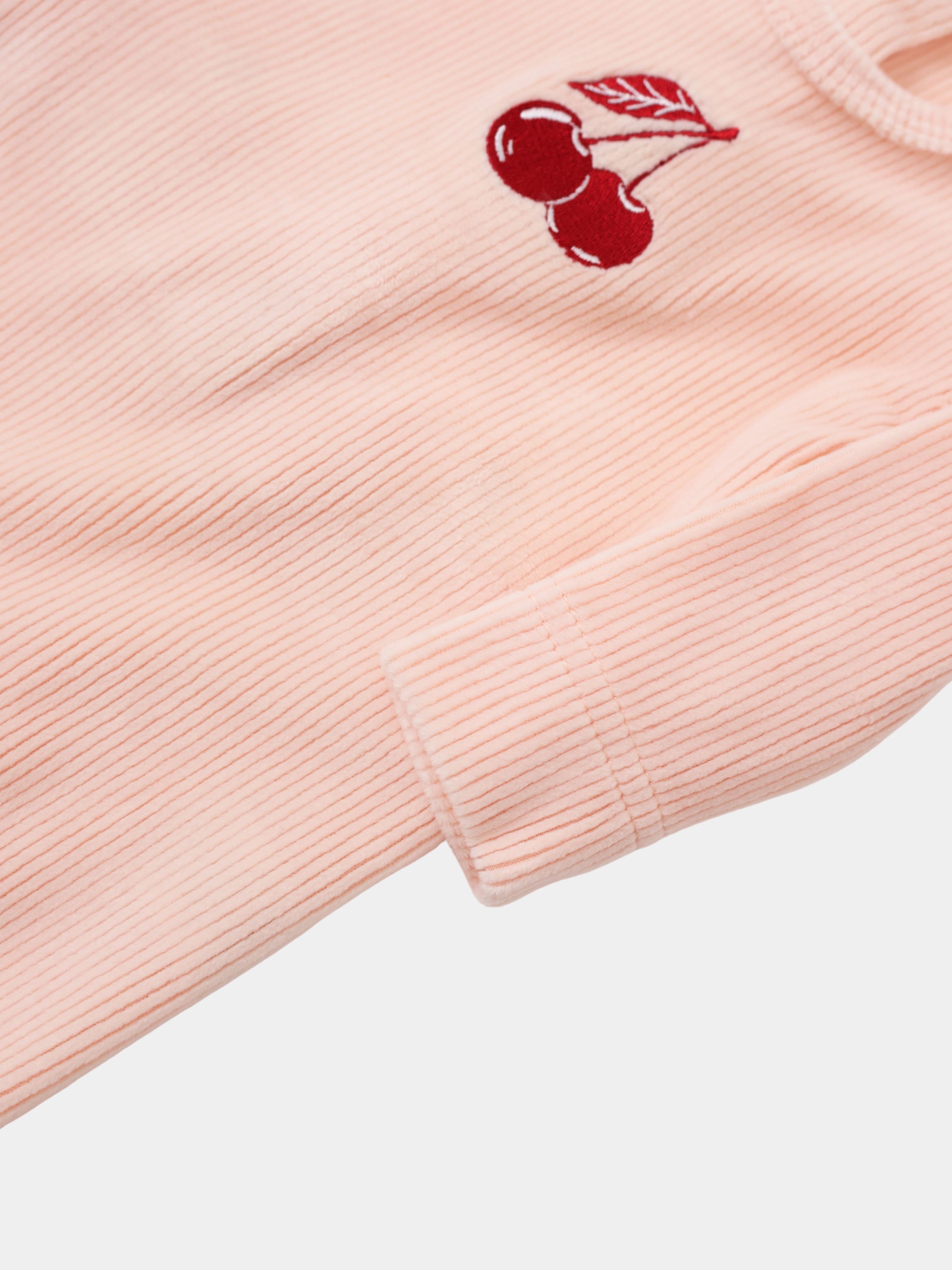 Embroidered Cherry layette set for girls; pink corduroy fabric with red cherry embroidery