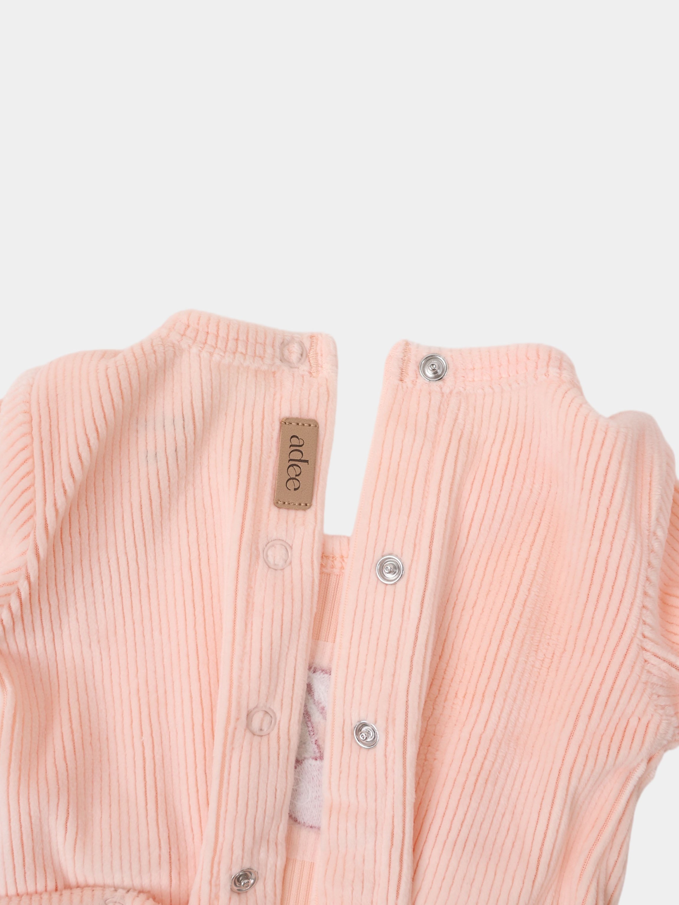 Embroidered Cherry Layette Set, pink ribbed cardigan with metal snaps and Adee label.