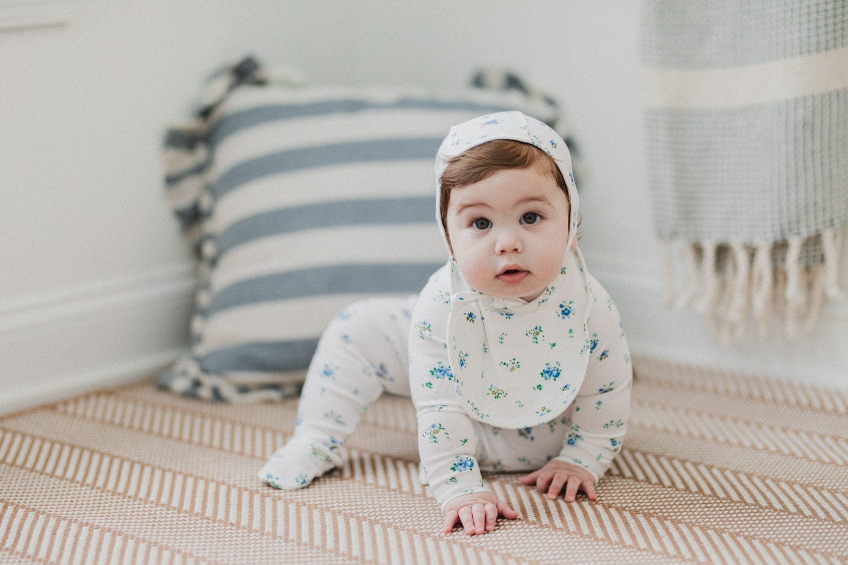 Freesia Flower Stretchy, Bonnet & Bib-Blue