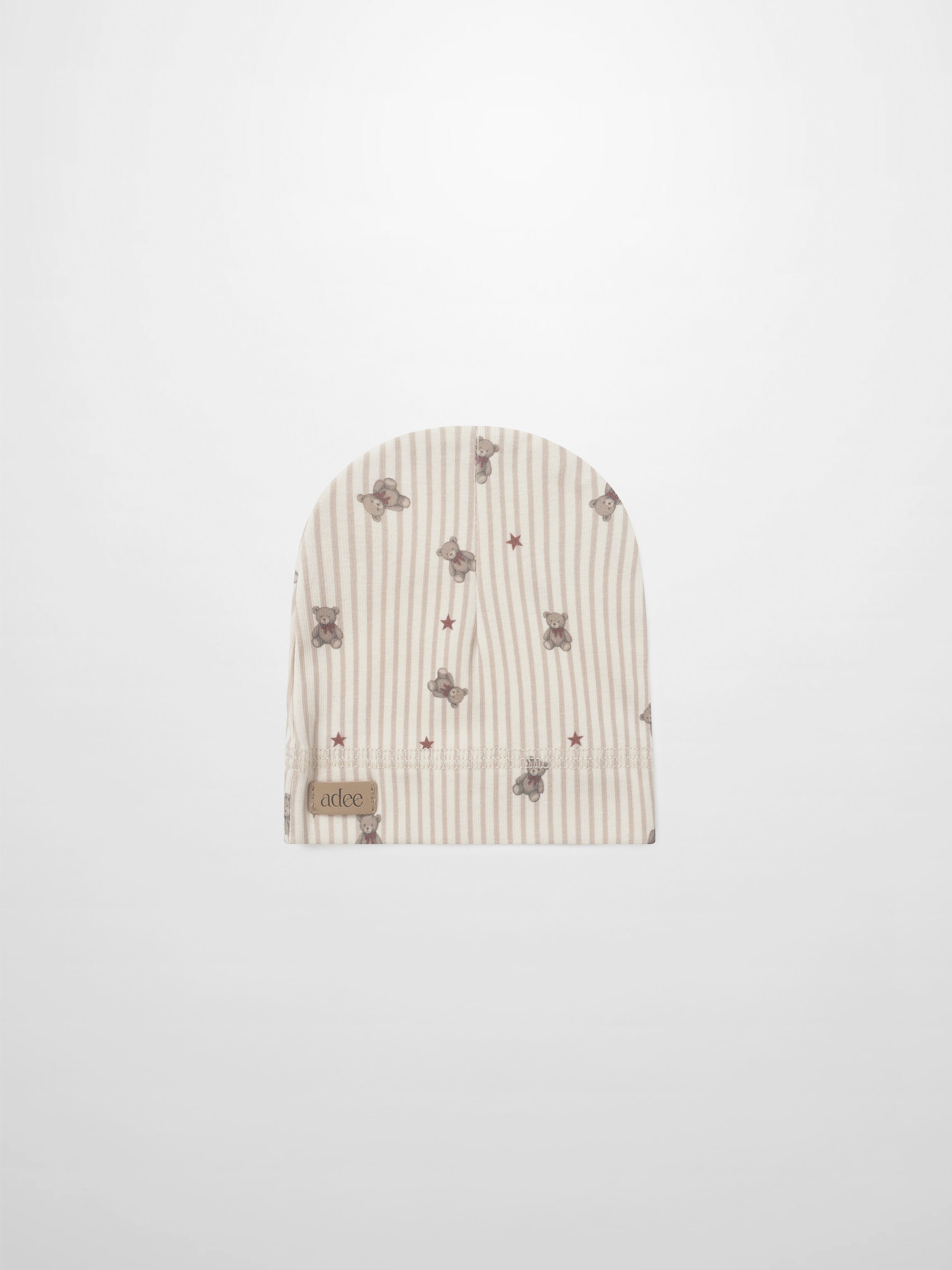 Adee striped bear hat for girls, beige striped fabric with teddy bear prints and red stars