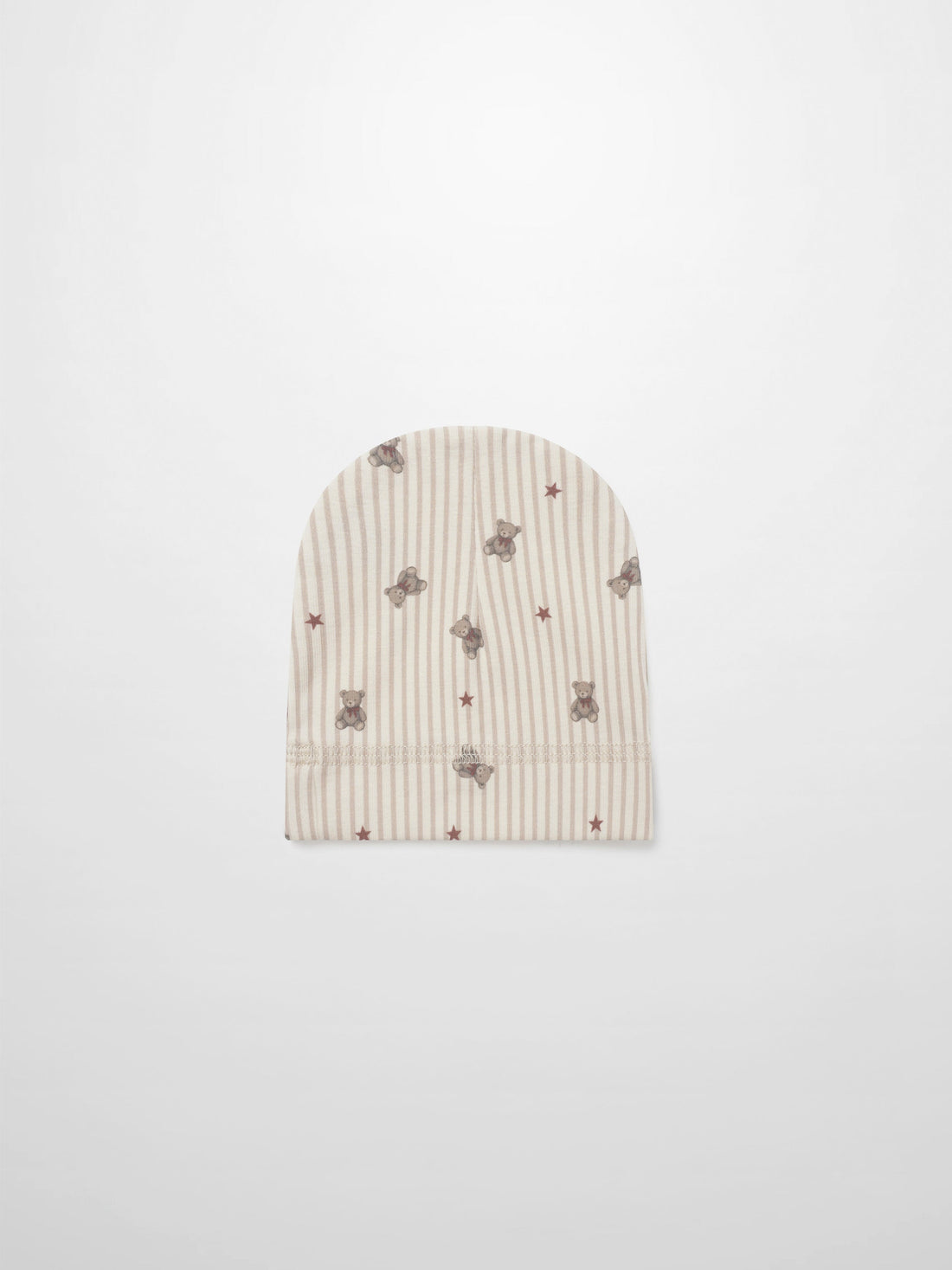 Striped Bear Hat - Red for girls, beige striped knit with teddy bears and red stars